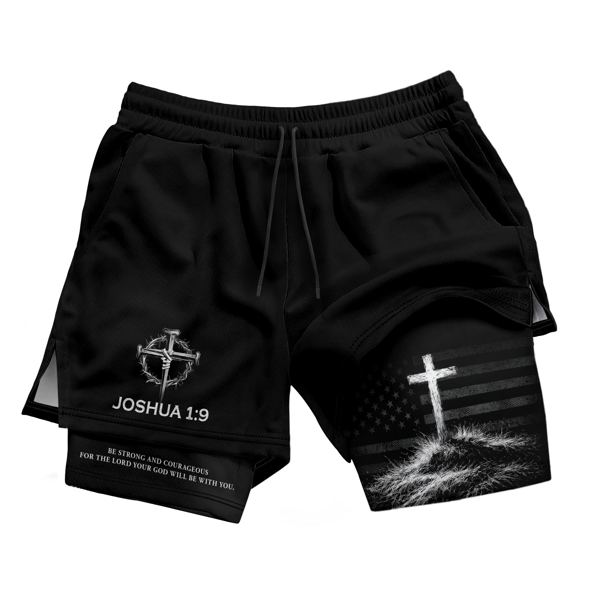 Joshua 1:9 Christian Men Gym Shorts USA Flag Strong and Courageous Athletic Activewear - Rust Field Wear
