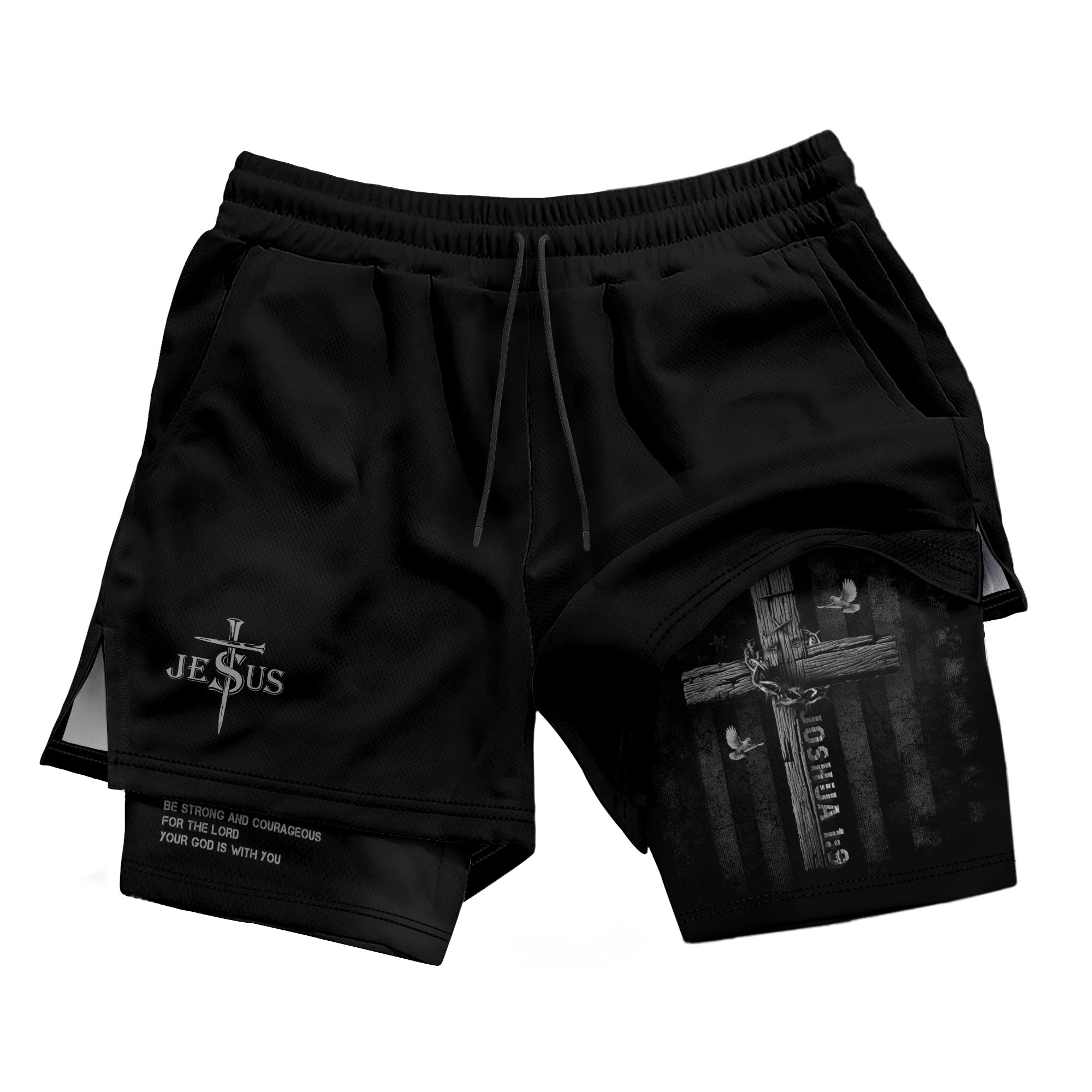 Joshua 1:9 Bible Verse Christian Men Gym Shorts Be Strong and Courageous Jesus USA Flag Knight Activewear - Rust Field Wear