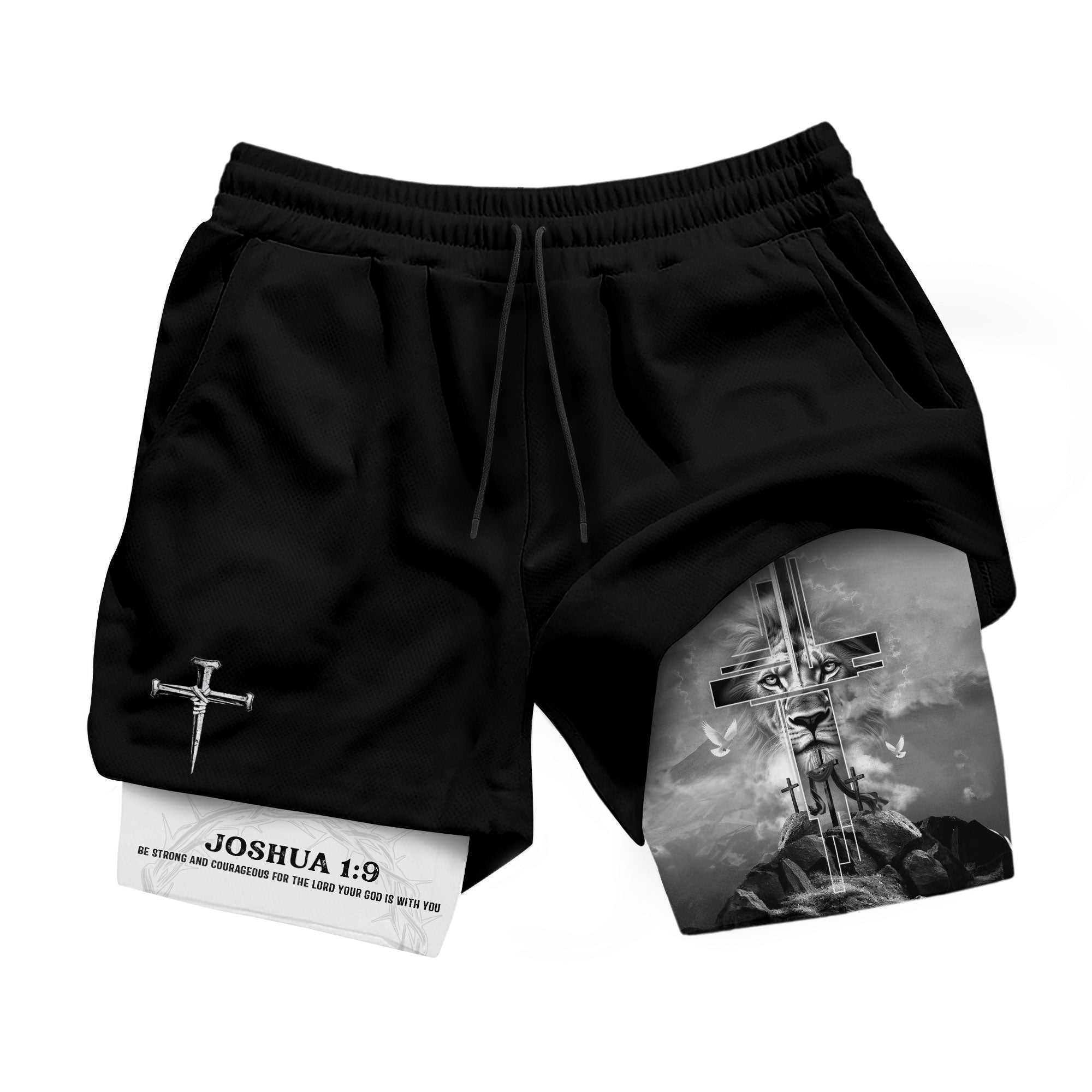 Joshua 1:9 Bible Verse Christian Men Gym Shorts Cross Lion of Judah Training Performance Gear