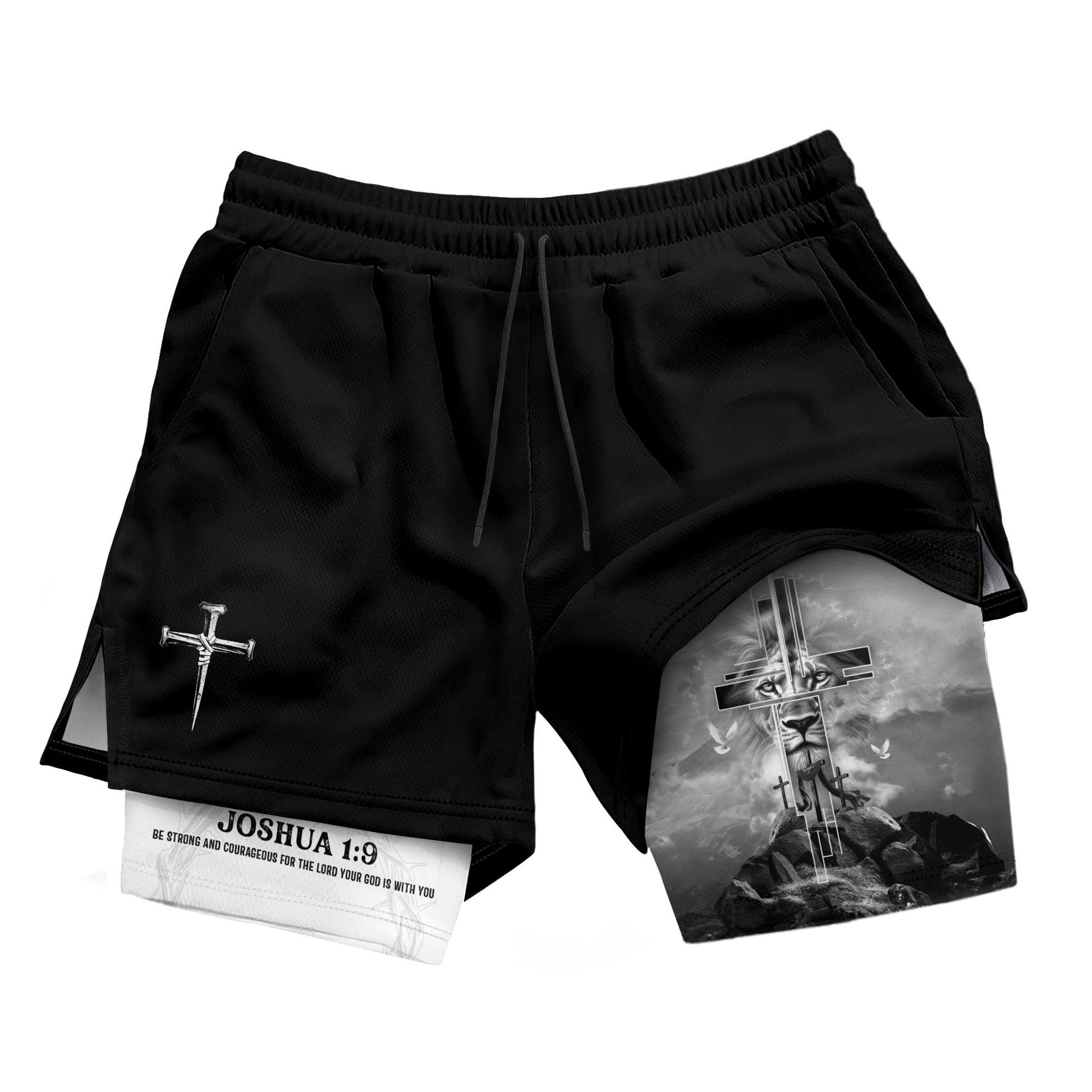 Joshua 1:9 Bible Verse Christian Men Gym Shorts Cross Lion of Judah Training Performance Gear - Rust Field Wear