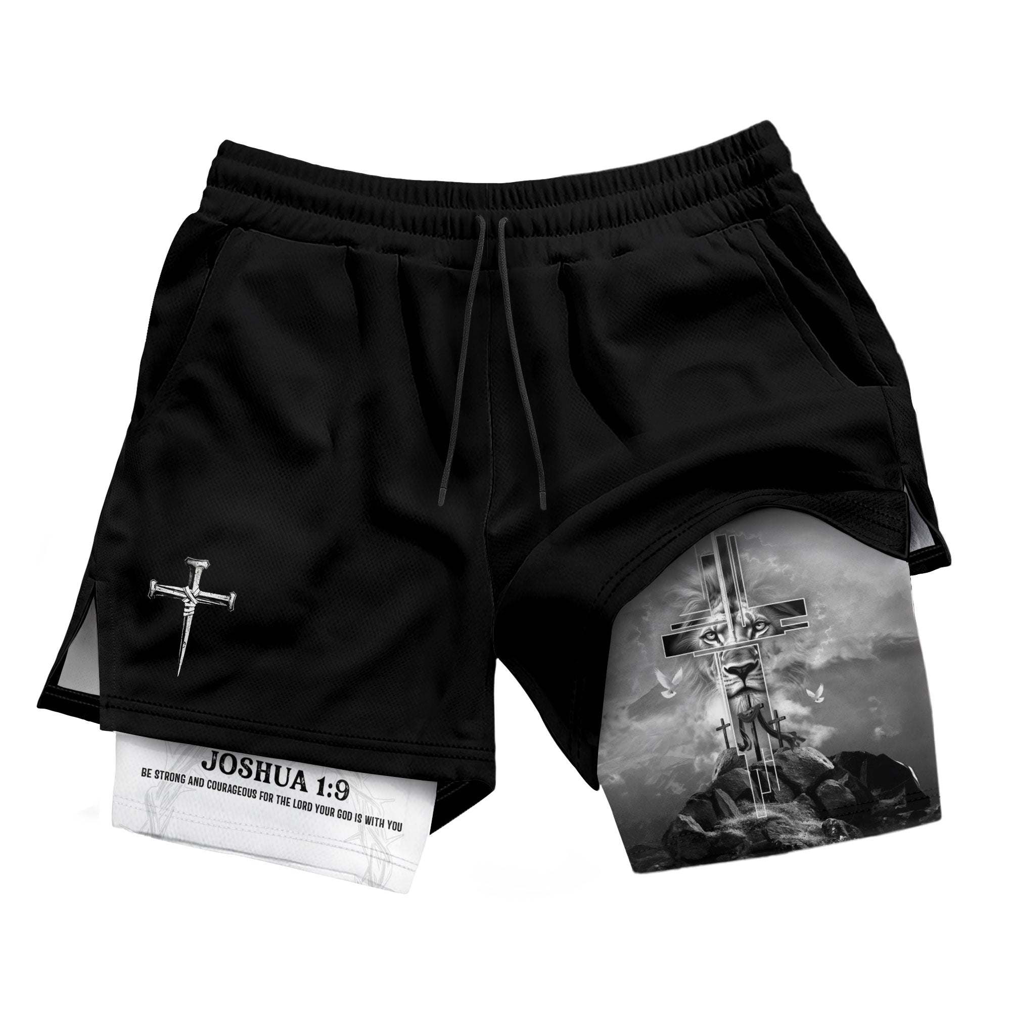 Joshua 1:9 Bible Verse Christian Men Gym Shorts Cross Lion of Judah Training Performance Gear - Rust Field Wear