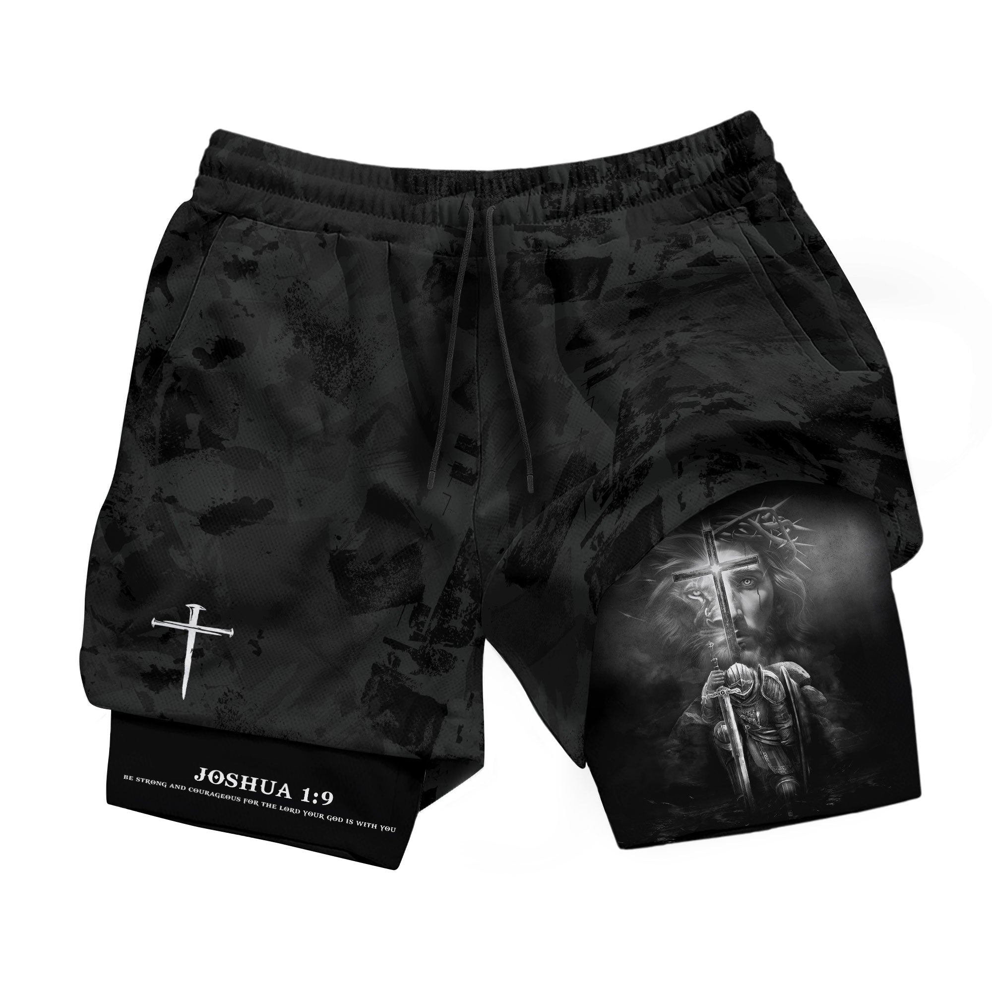 Joshua 1:9 Bible Verse Christian Men Gym Shorts Jesus Knight Kneeling Cross Training Activewear