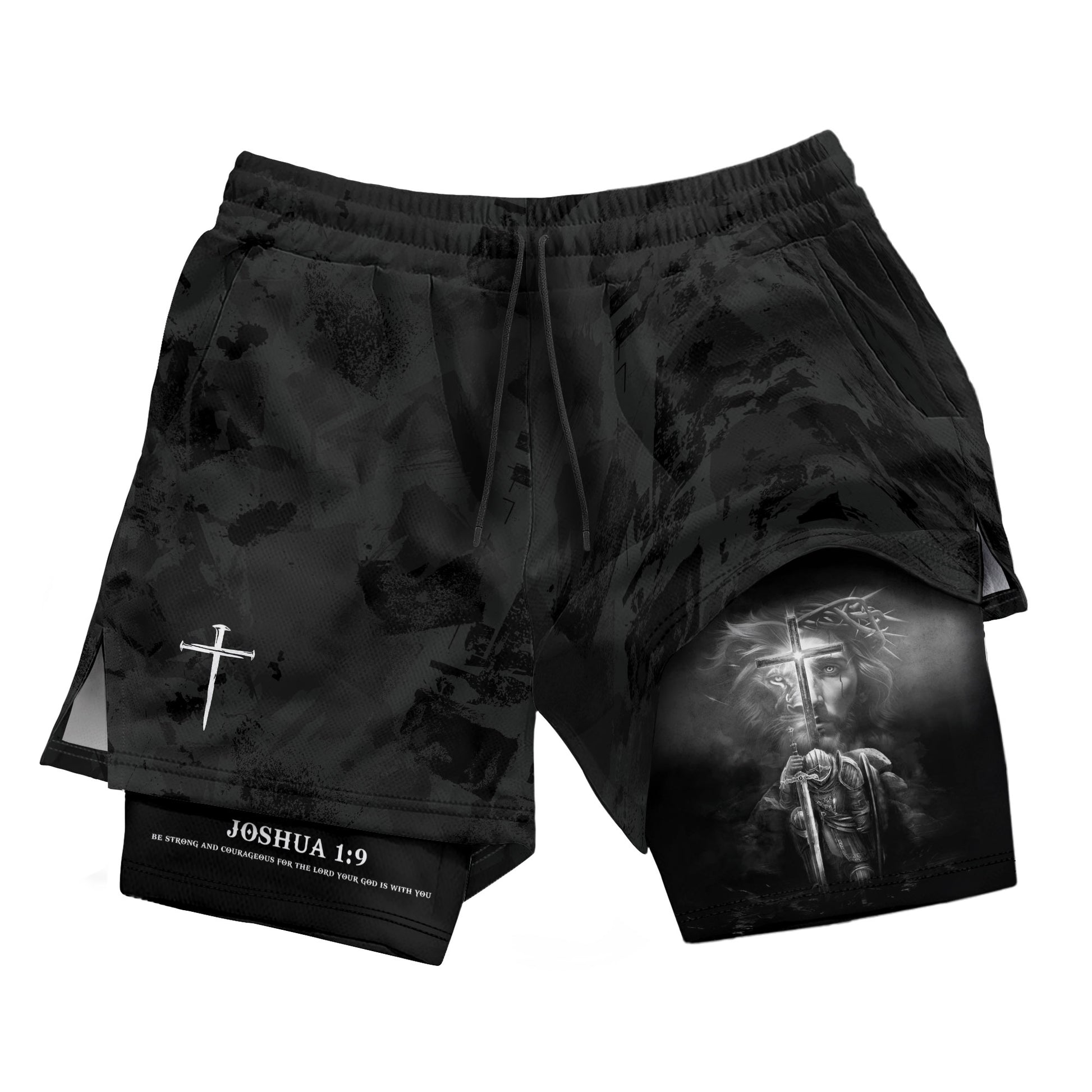 Joshua 1:9 Bible Verse Christian Men Gym Shorts Jesus Knight Kneeling Cross Training Activewear - Rust Field Wear