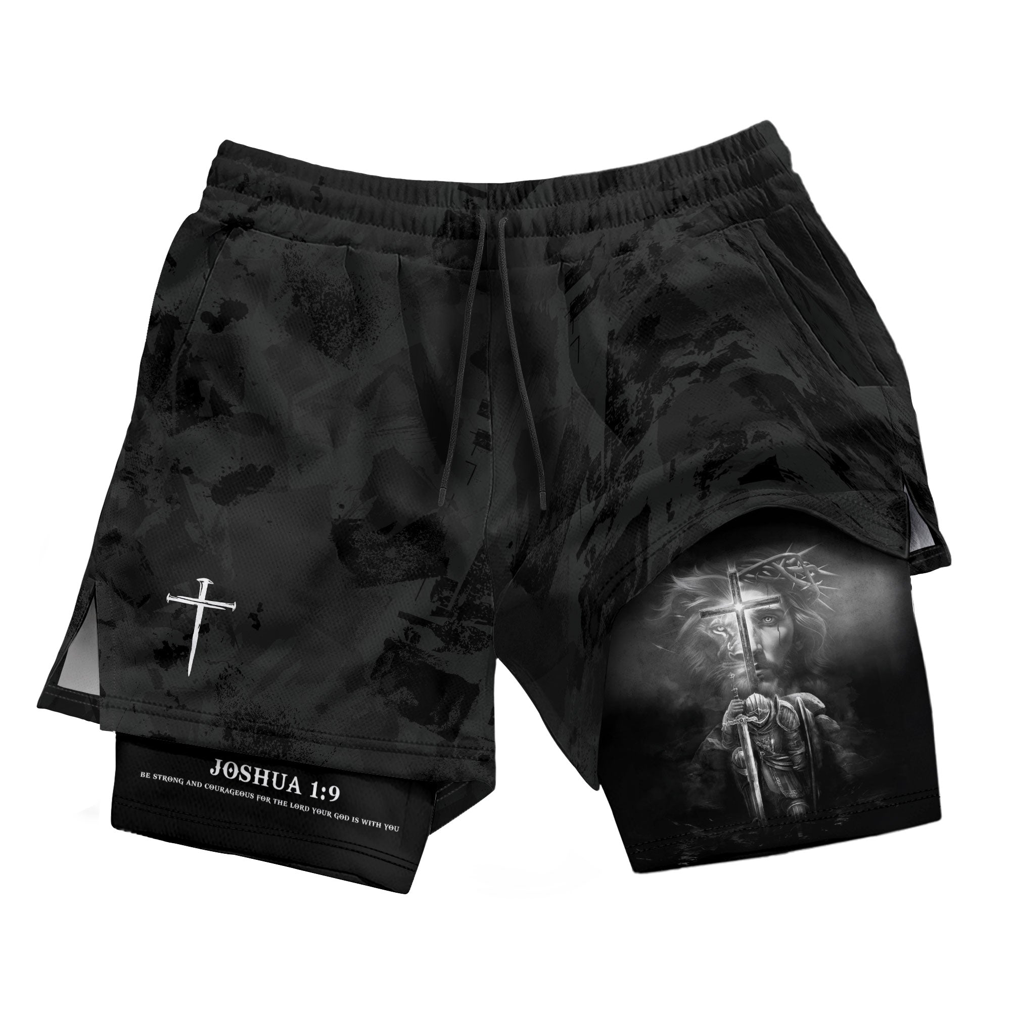 Joshua 1:9 Bible Verse Christian Men Gym Shorts Jesus Knight Kneeling Cross Training Activewear - Rust Field Wear