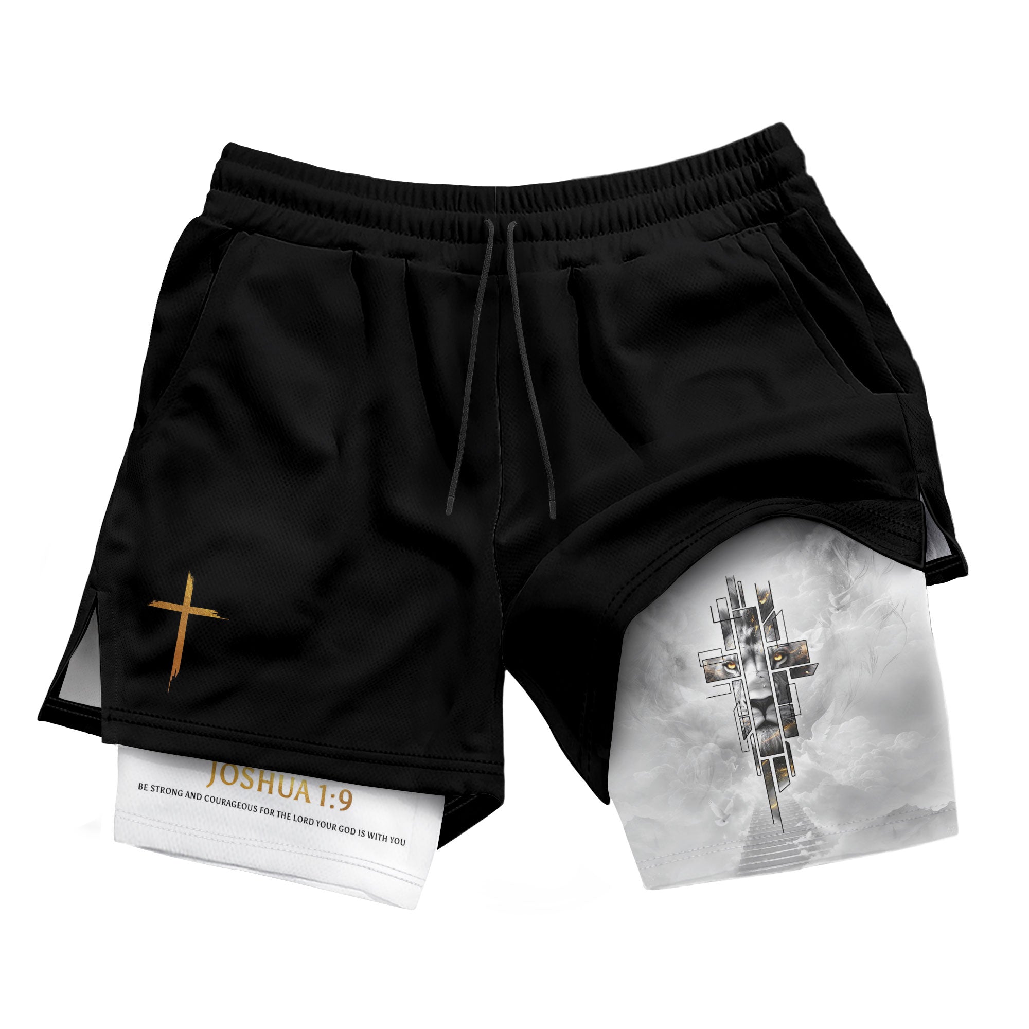 Joshua 1:9 Bible Verse Christian Men Workout Shorts Gold Lion of Judah Training Apparel - Rust Field Wear