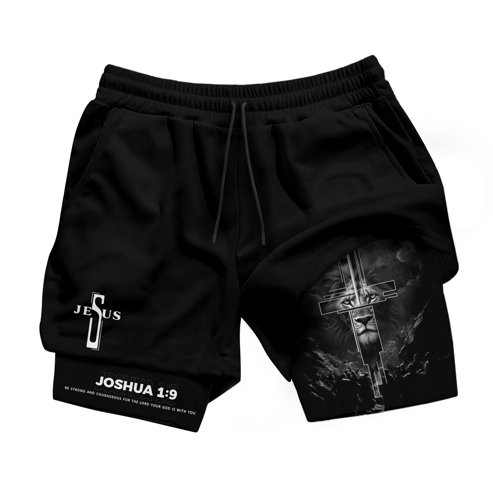 Joshua 1:9 Bible Verse Christian Men Gym Shorts Jesus Cross Nails Lion of Judah Training Activewear