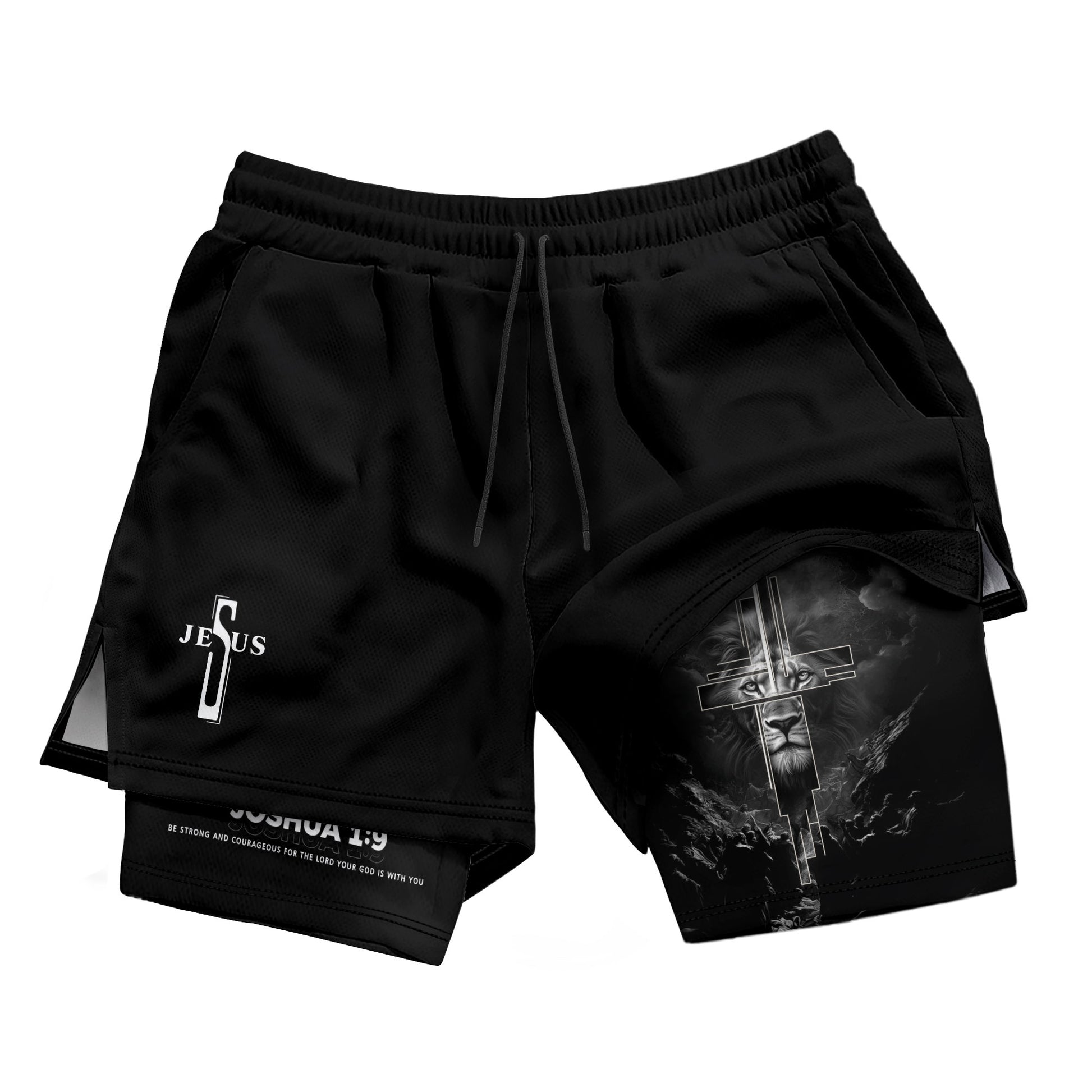 Joshua 1:9 Bible Verse Christian Men Gym Shorts Jesus Cross Nails Lion of Judah Training Activewear - Rust Field Wear