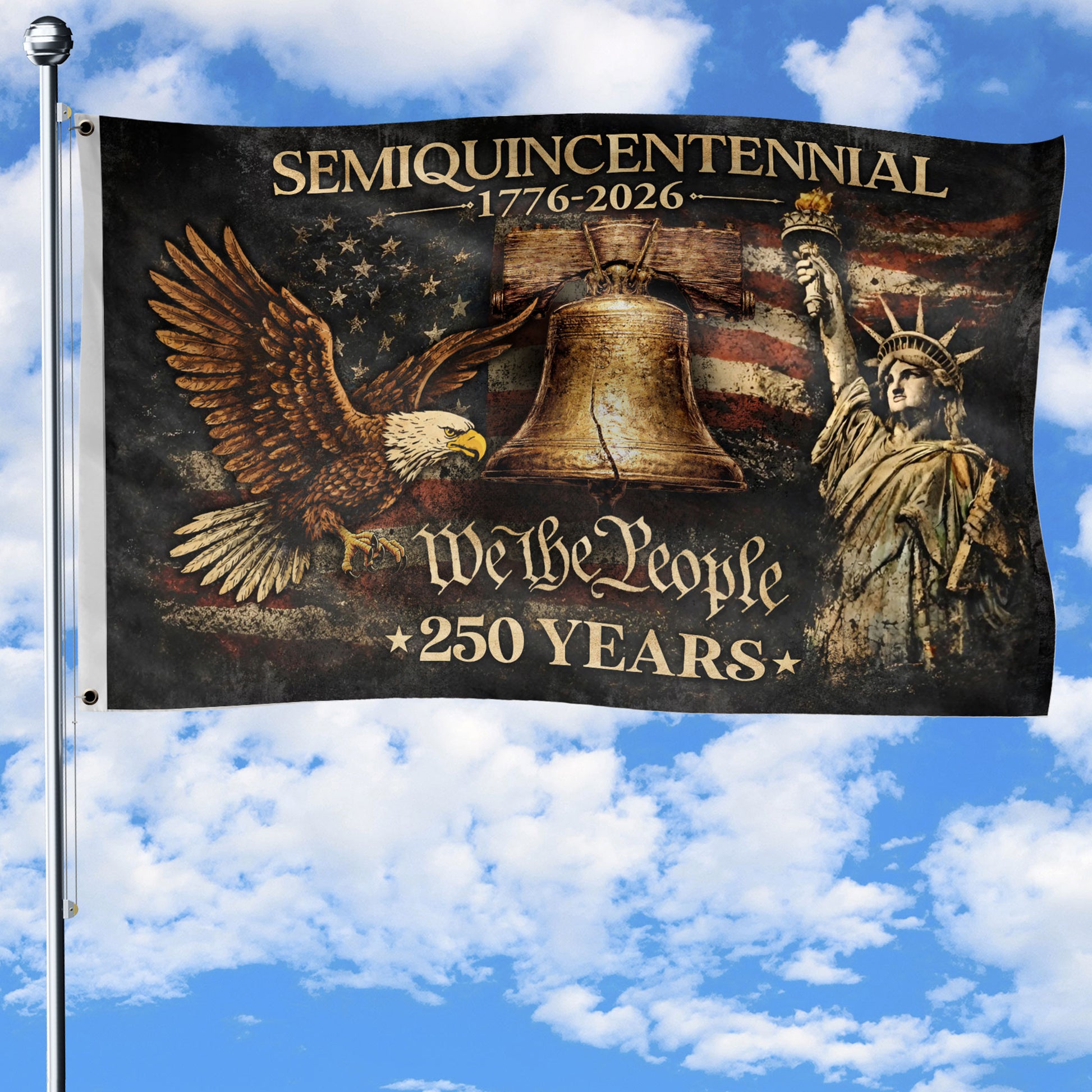 US 250 Years Flag 3x5 ft Statue of Liberty Liberty Bell Eagle 1776-2026 Patriotic Banner - Rust Field Wear