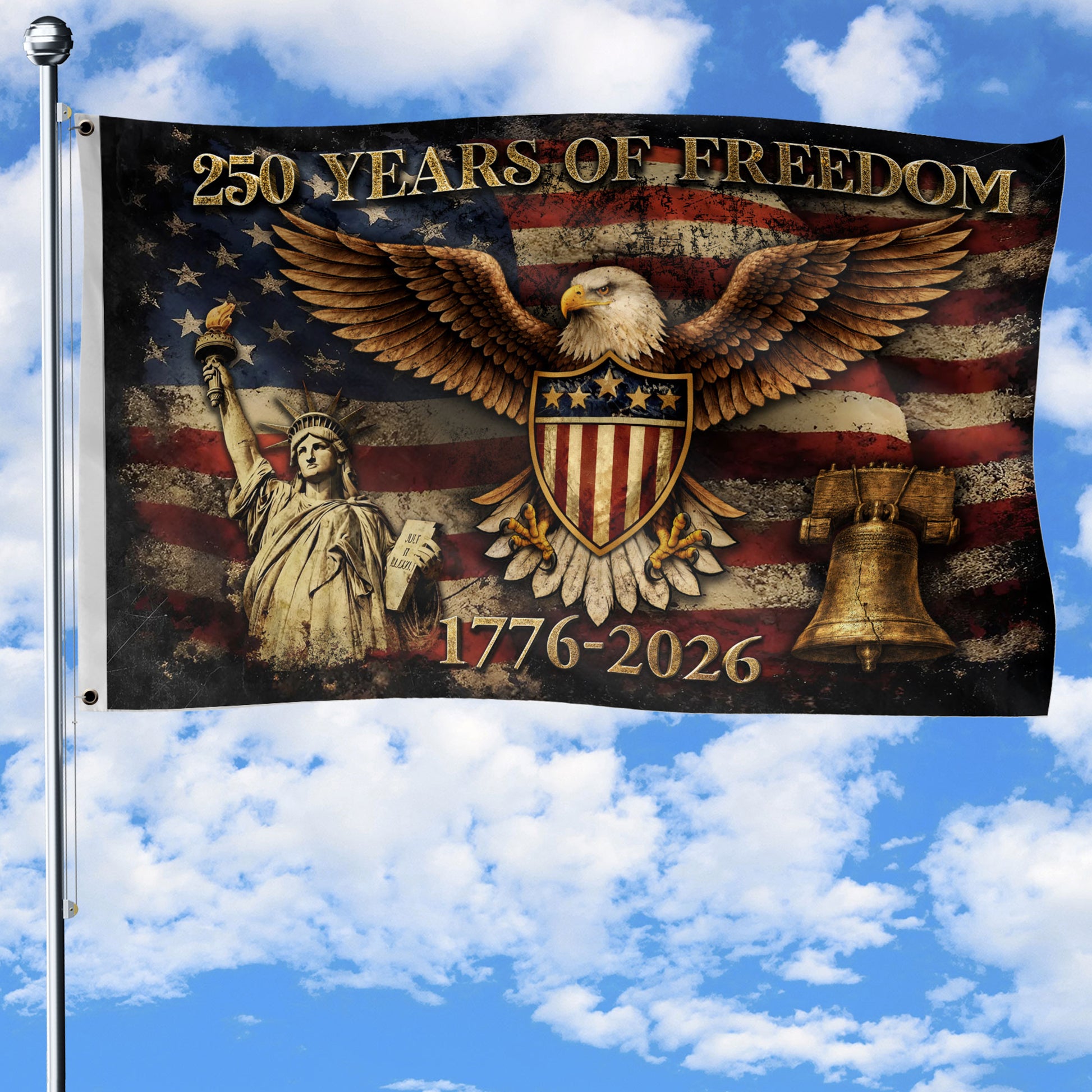 US 250 Years of Freedom Flag 3x5 ft Statue of Liberty Eagle Liberty Bell 1776-2026 - Rust Field Wear
