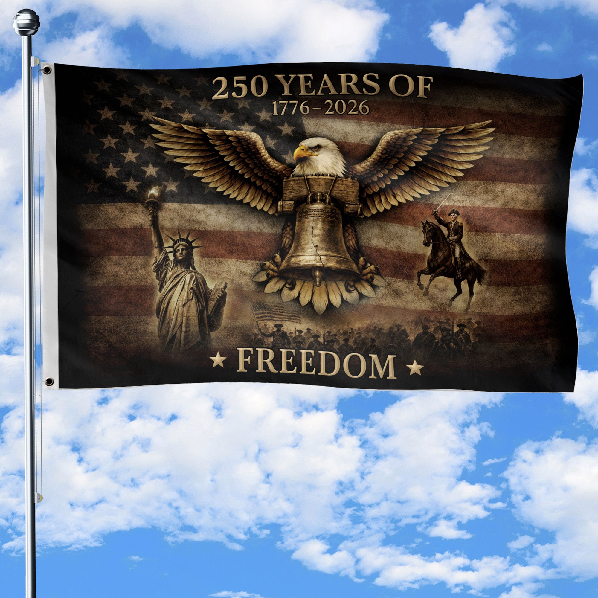 USA 250th Anniversary Flag 250 Years of Freedom 1776-2026 American Eagle Liberty Bell Patriotic