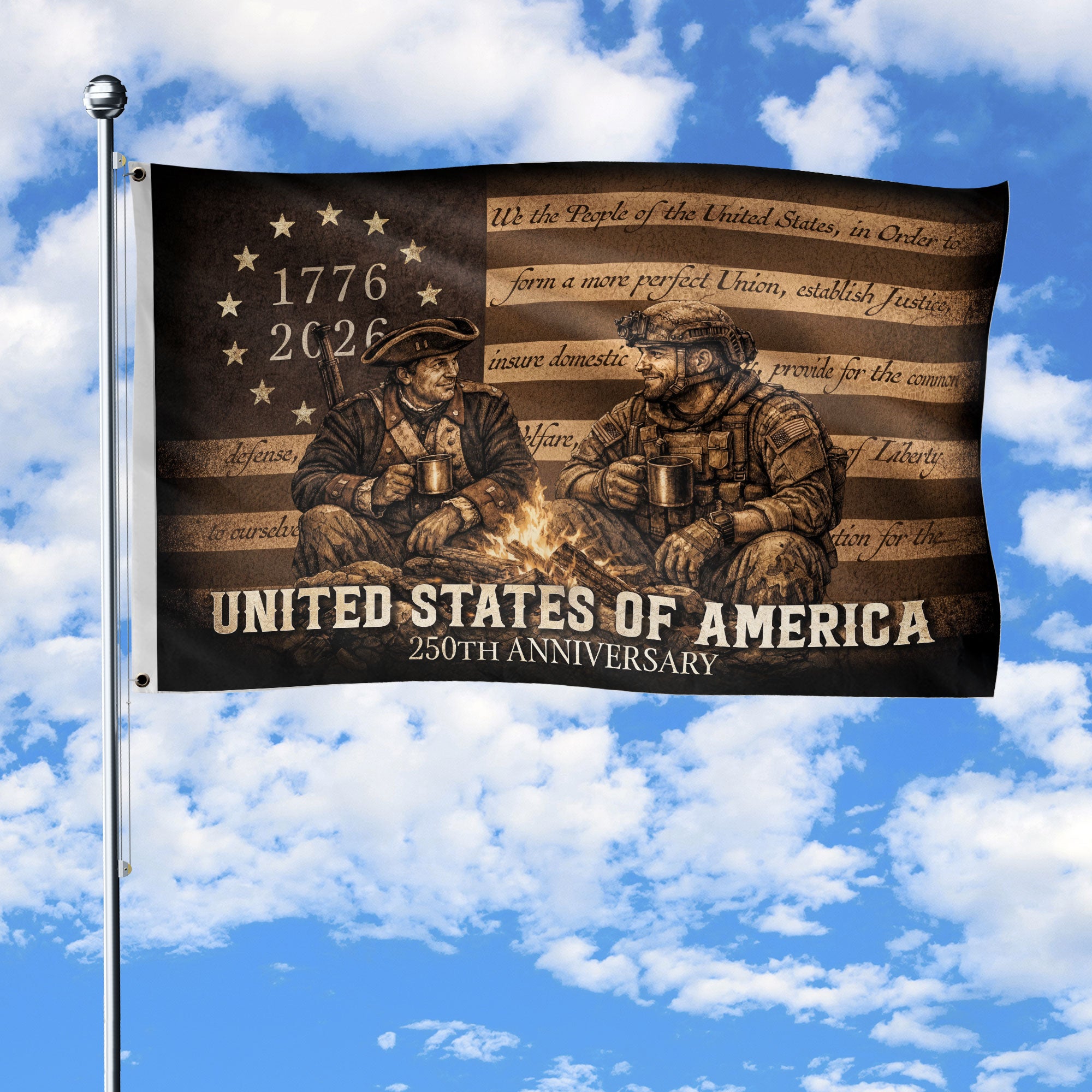 United States of America 250th Anniversary Garden Flag 1776-2026 Patriotic Past Present Then and Now Soldiers Design