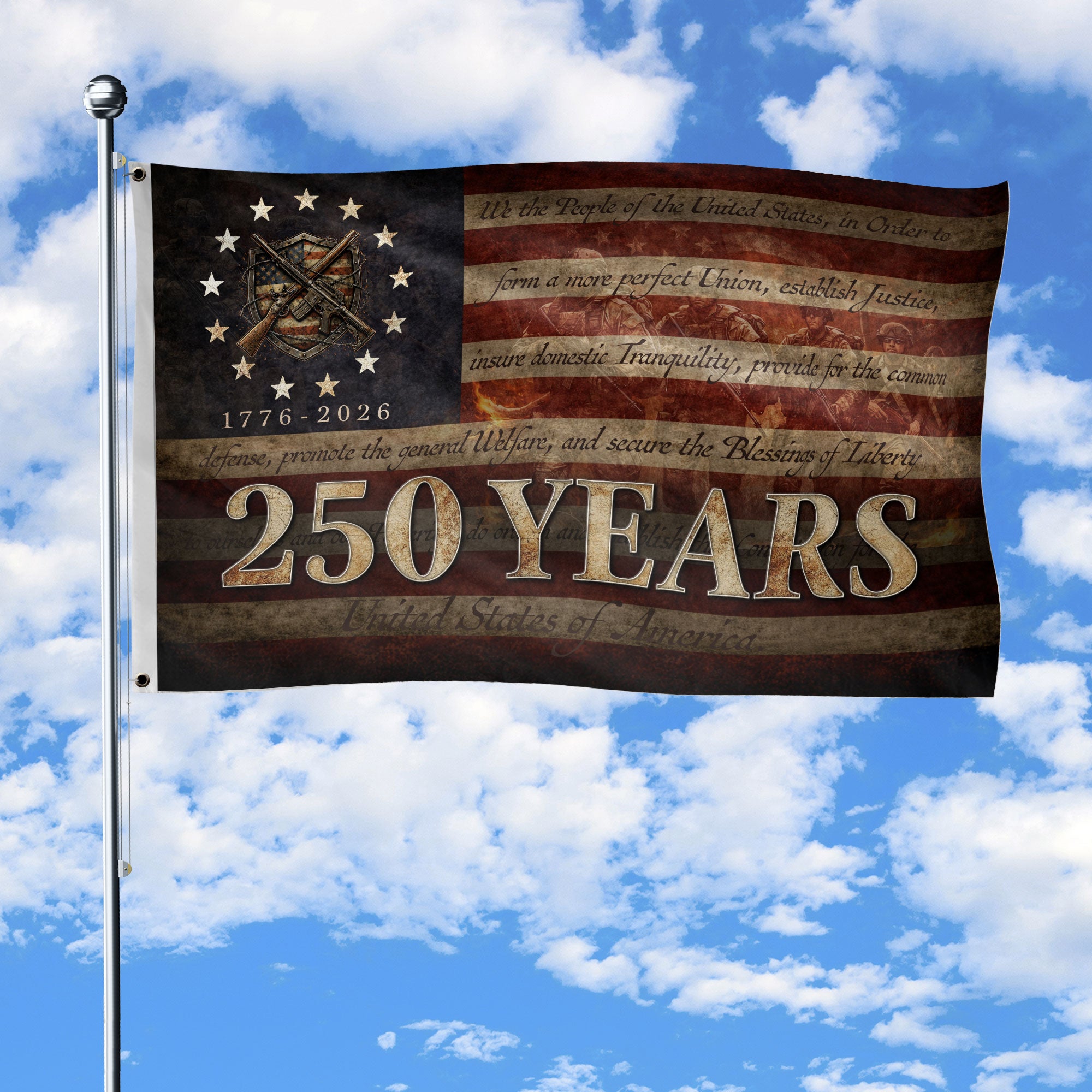 United States of 250 Years America Flag 250th Anniversary 1776-2026 Tactical Metal Shield Crossed Rifles Patriotic