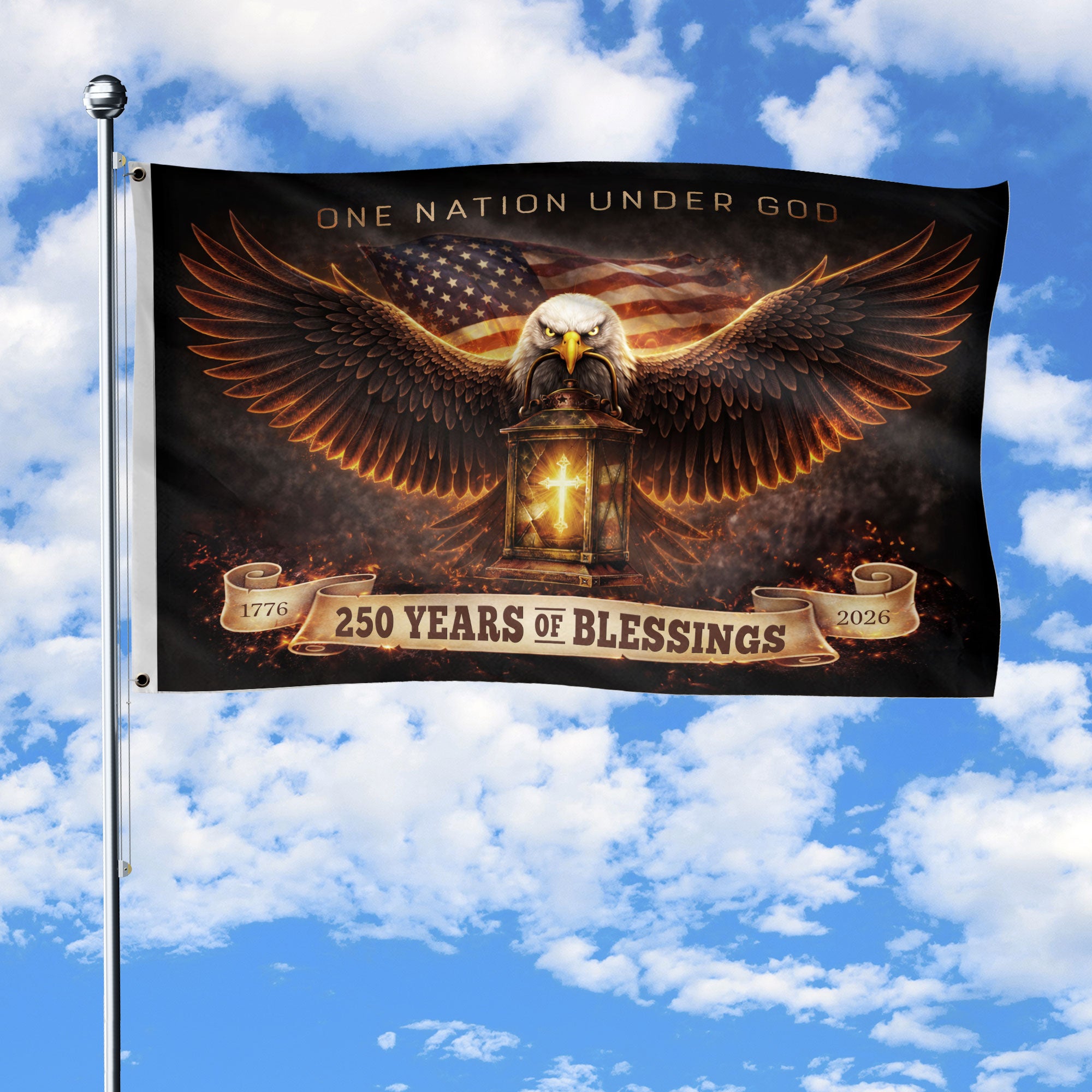 United States 250th Anniversary Cross Flag 1776–2026 – One Nation Under God Christian Patriotic Outdoor Flag