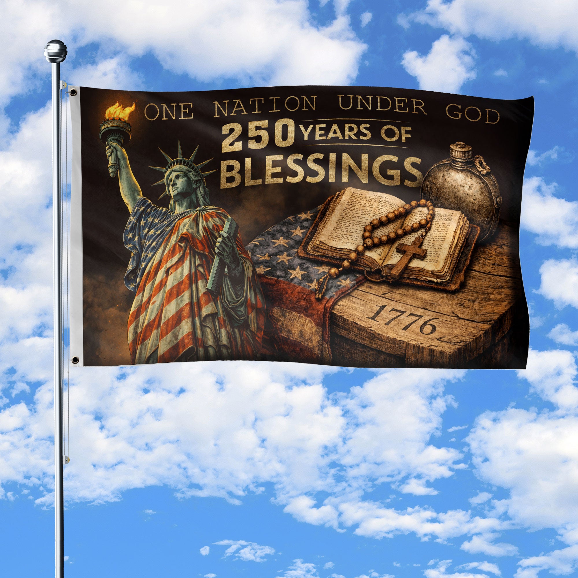 250 Years of Blessings Cross Flag – One Nation Under God Christian USA Anniversary Outdoor Flag 1776–2026