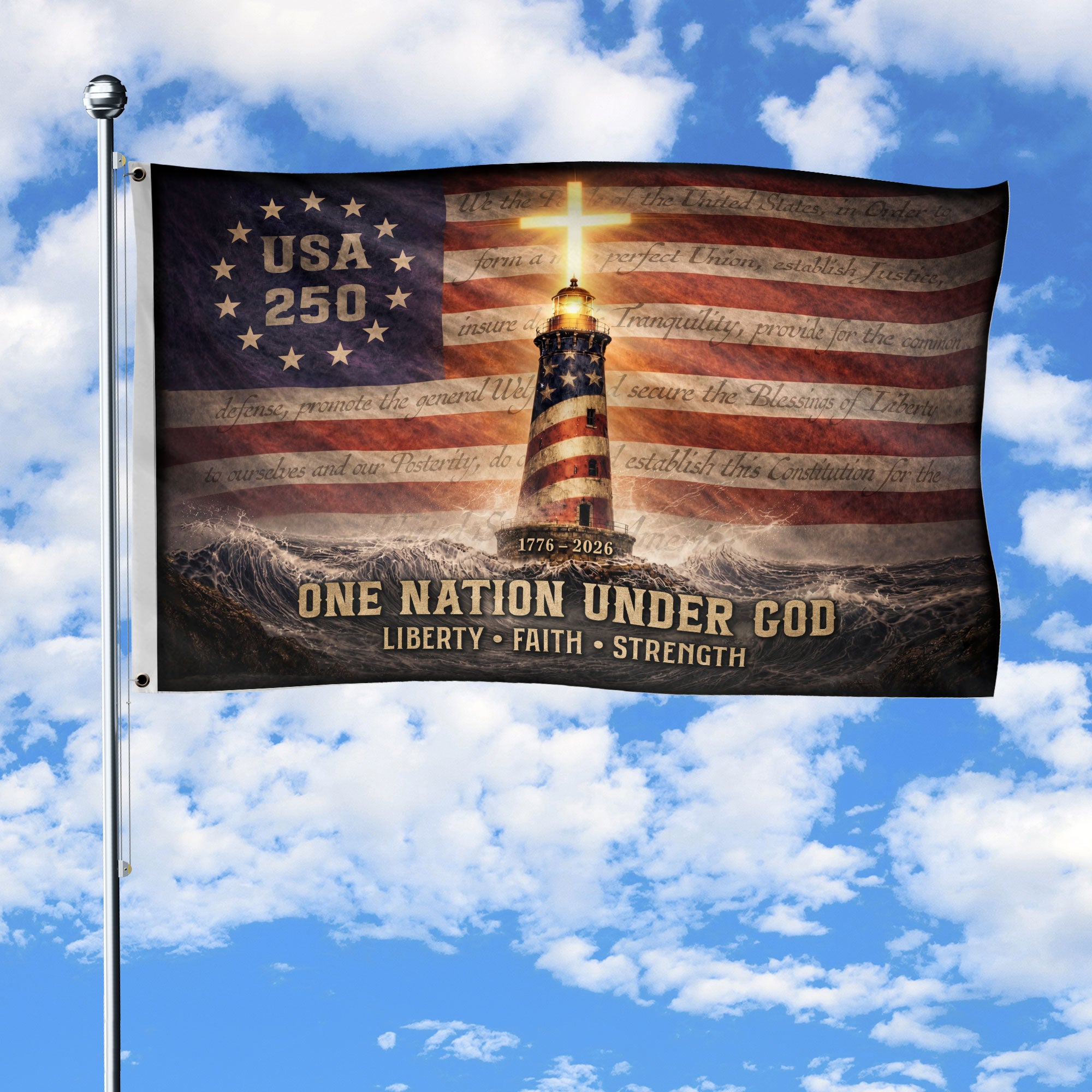 USA 250 Lighthouse Cross Flag – One Nation Under God Christian Patriotic Outdoor Flag 1776–2026