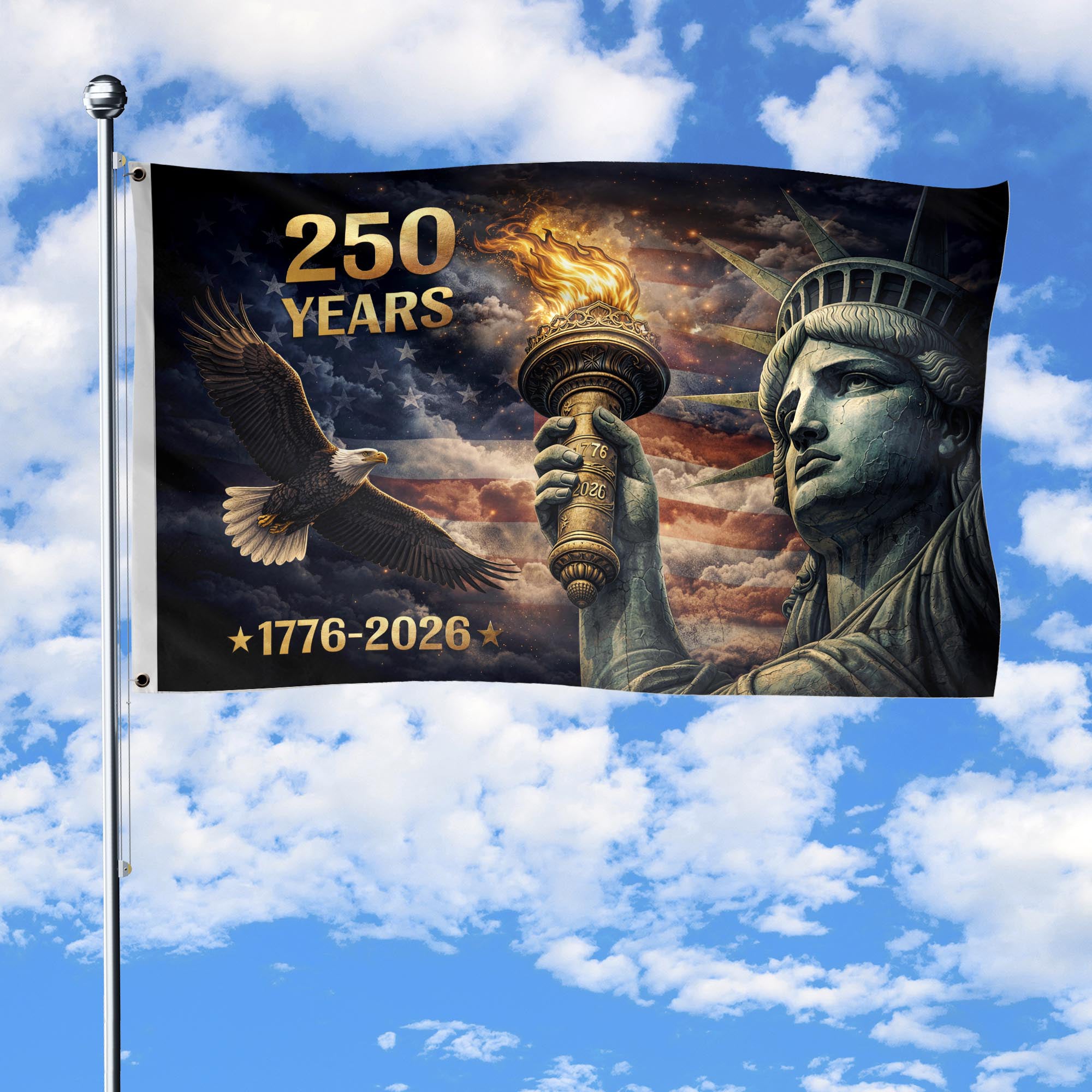 USA 250 Years Flag 1776–2026 – Statue of Liberty Torch & Eagle Patriotic Anniversary Flag