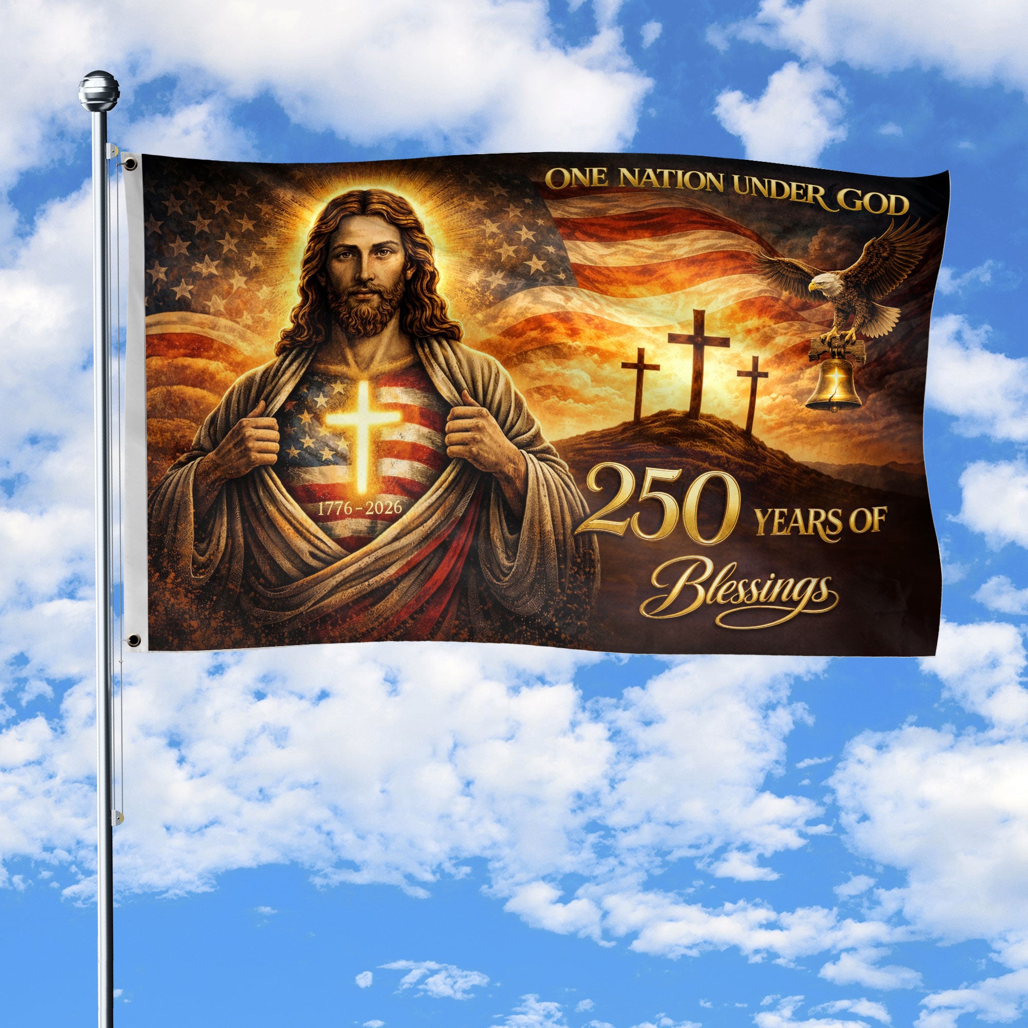 Christian American Heritage 250th Anniversary Flag - Jesus, Eagle, Liberty Bell & Crosses Outdoor Banner