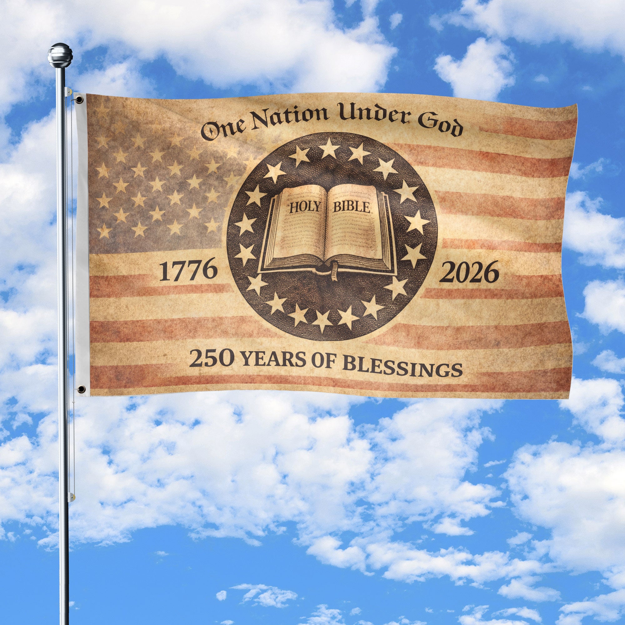 One Nation Under God America Christian Patriotic 250th Anniversary Flag - 250 Years of Blessings Holy Bible & Cross Banner, 1776-2026 Patriotic Double Sided Semiquincentennial Garden Flag