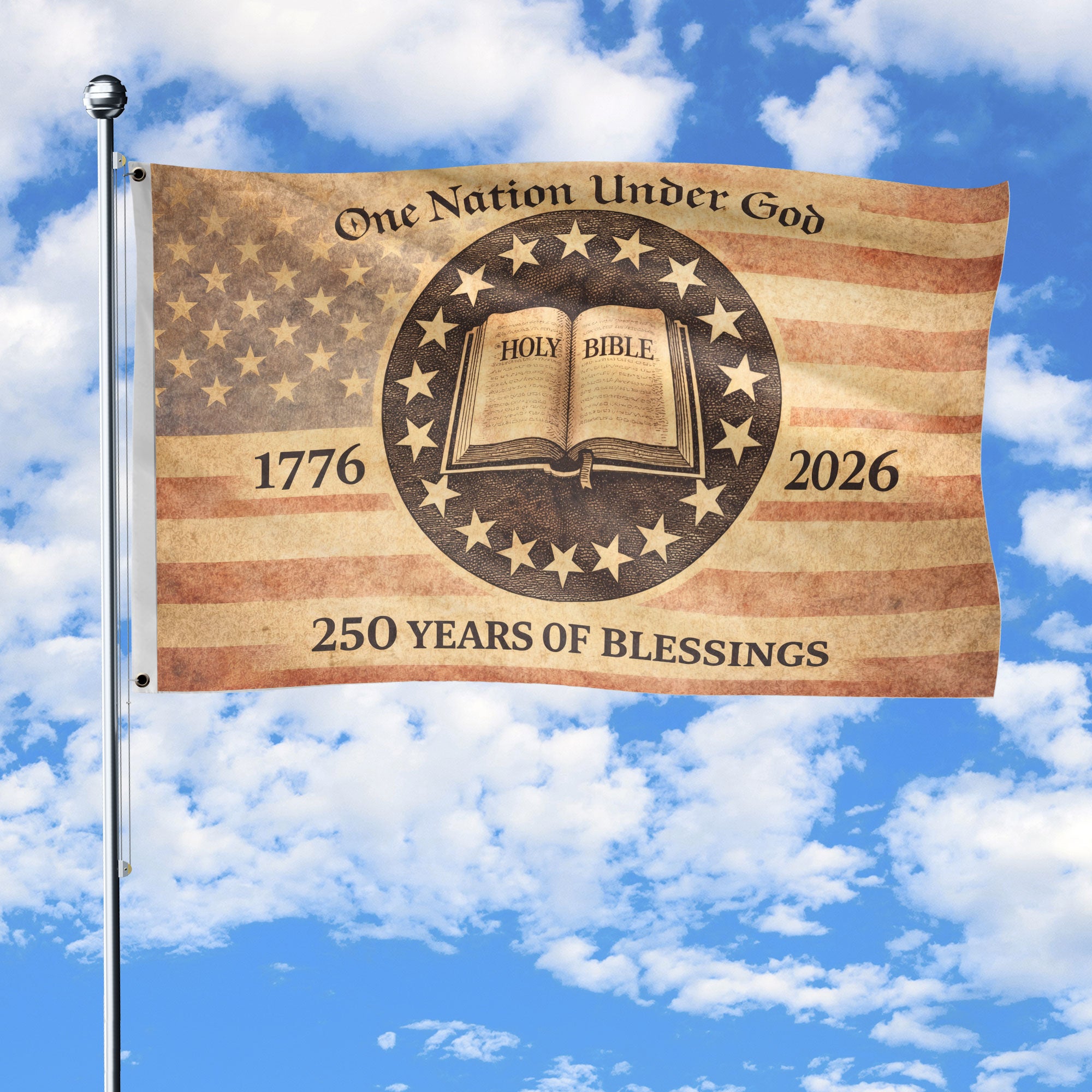 One Nation Under God America Christian Patriotic 250th Anniversary Flag - 250 Years of Blessings Holy Bible & Cross Banner, 1776-2026 Patriotic Double Sided Flag