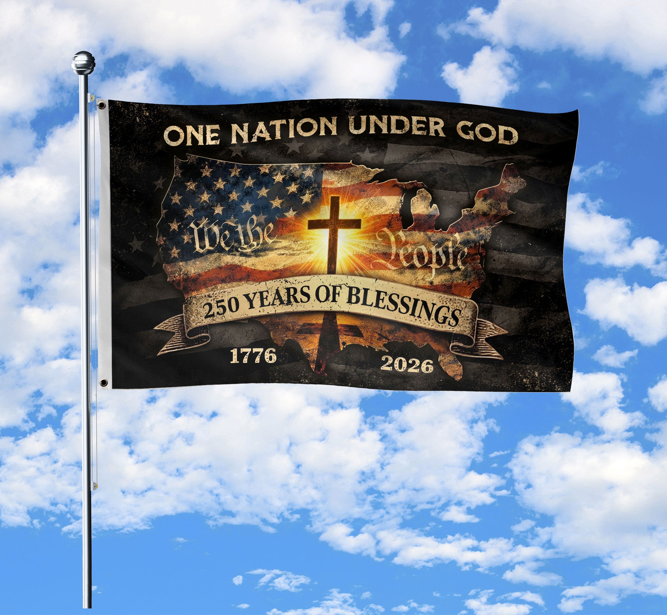 Christian Patriotic One Nation Under God USA 250th Birthday Flag