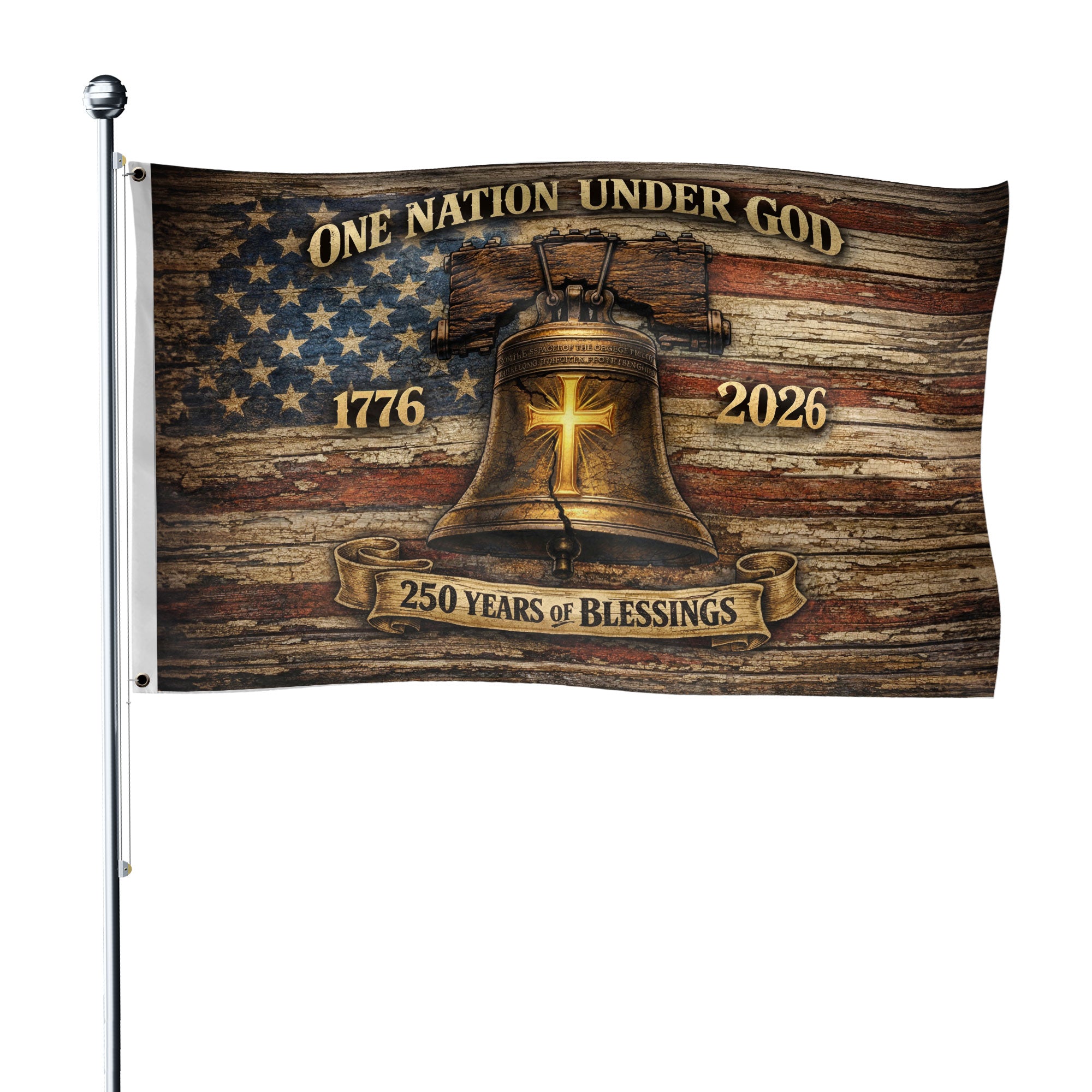 One Nation Under God America Semiquincentennial 250th Anniversary Flag - 250 Years of Blessings Liberty Bell & Cross Design, 1776-2026 Patriotic Double Sided Flag