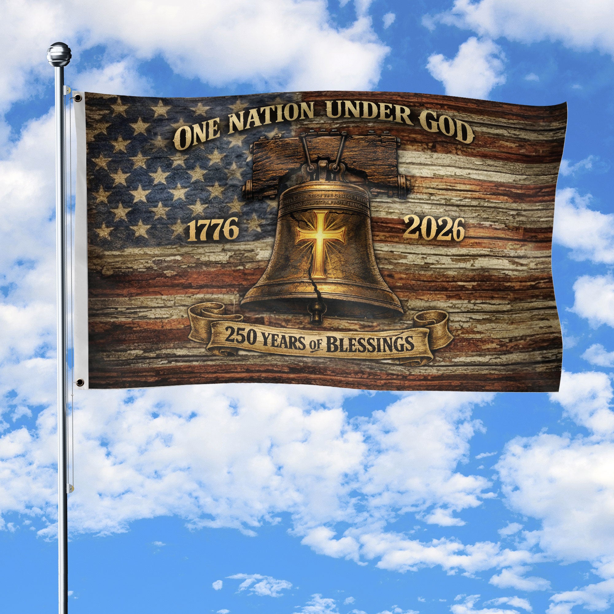 One Nation Under God America 250th Anniversary Flag - 250 Years of Blessings Liberty Bell & Cross Design, 1776-2026 Patriotic Double Sided Flag