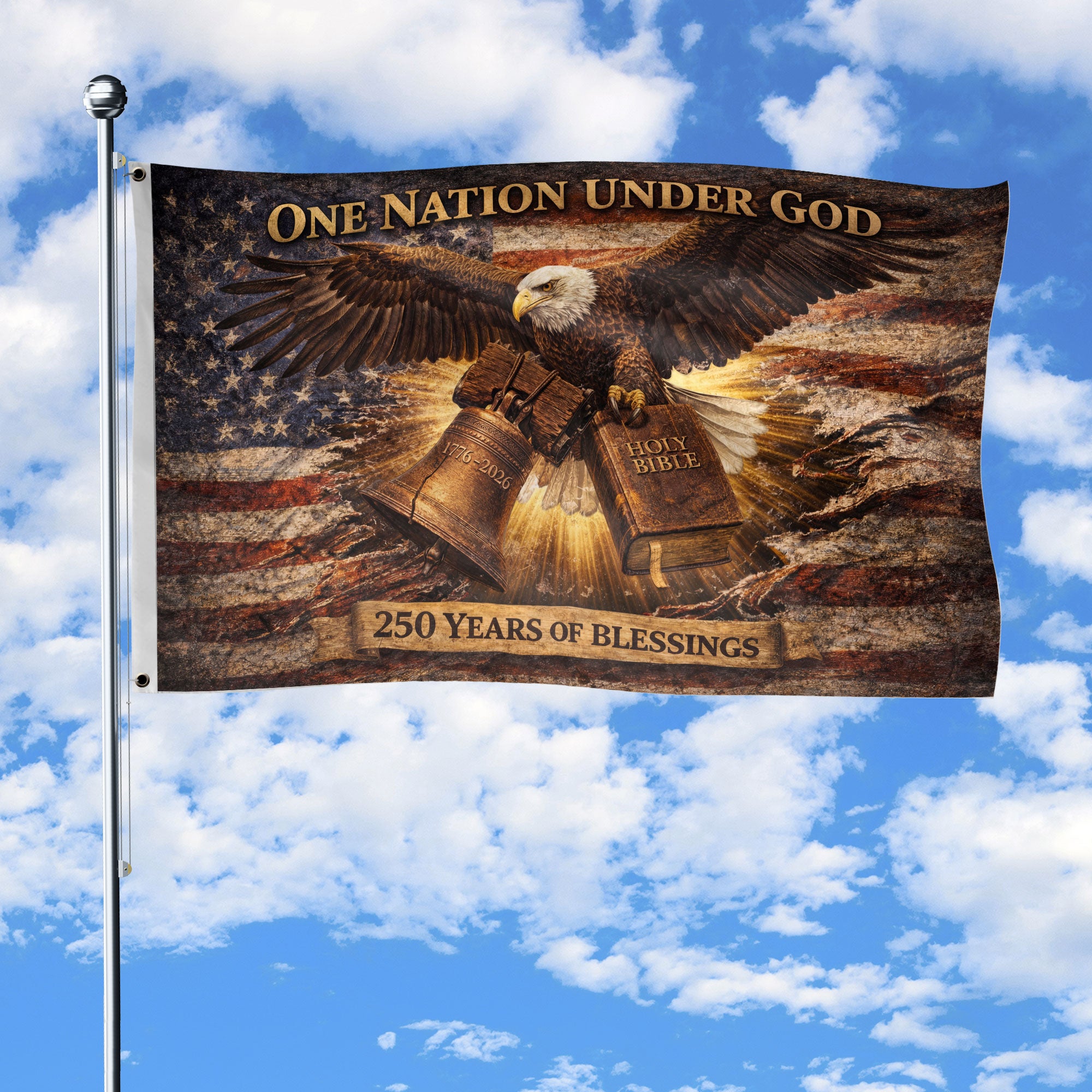 One Nation Under God 250 Years Flag (1776–2026) – Bald Eagle with Holy Bible Patriotic Christian Banner