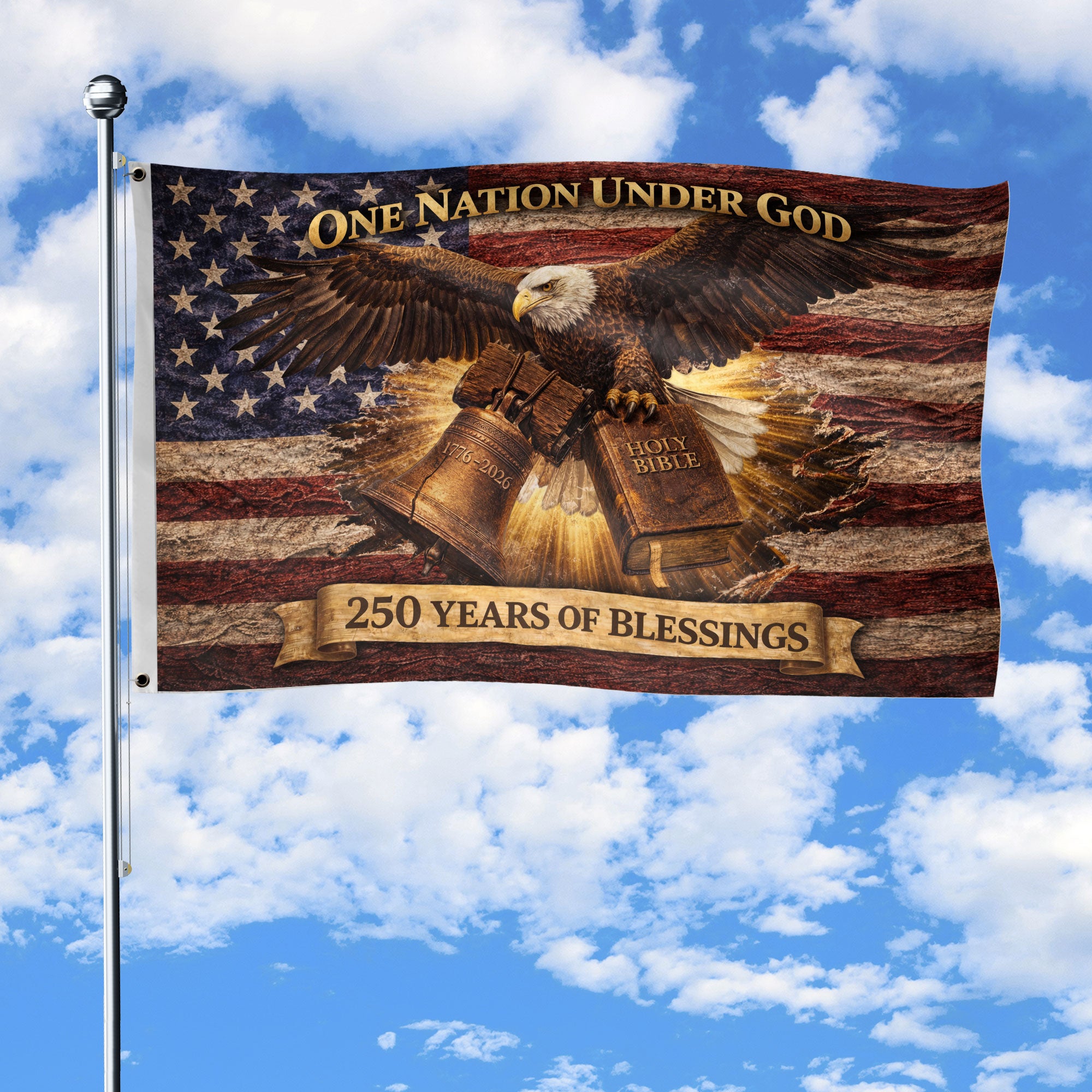 One Nation Under God 250 Years Flag (1776–2026) – Bald Eagle with Holy Bible Patriotic Christian Banner