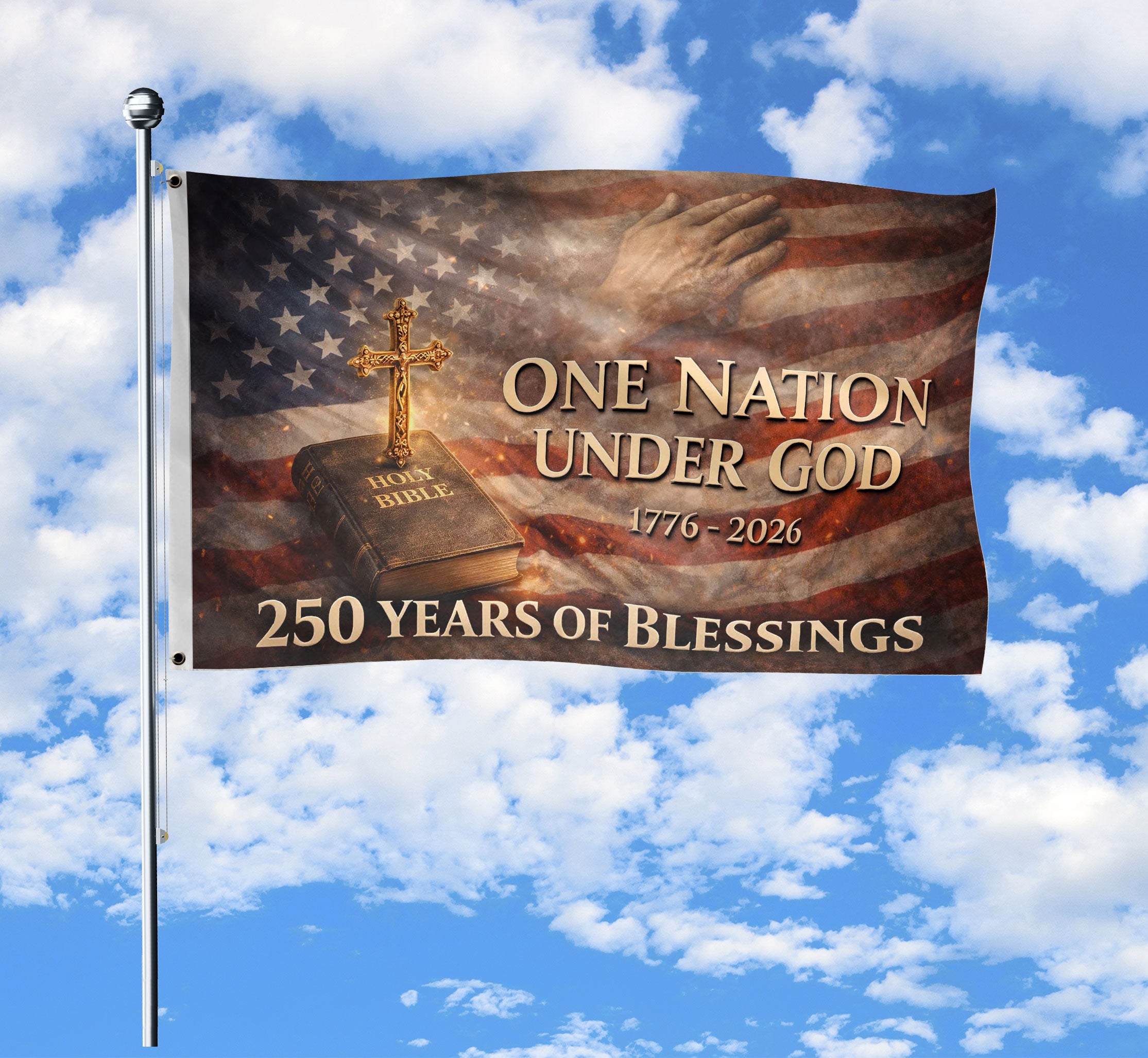 One Nation Under God 250th Anniversary 1776-2026 Patriotic Double Sided House Flag - 250 Years of Blessings Holy Bible & Cross Banner