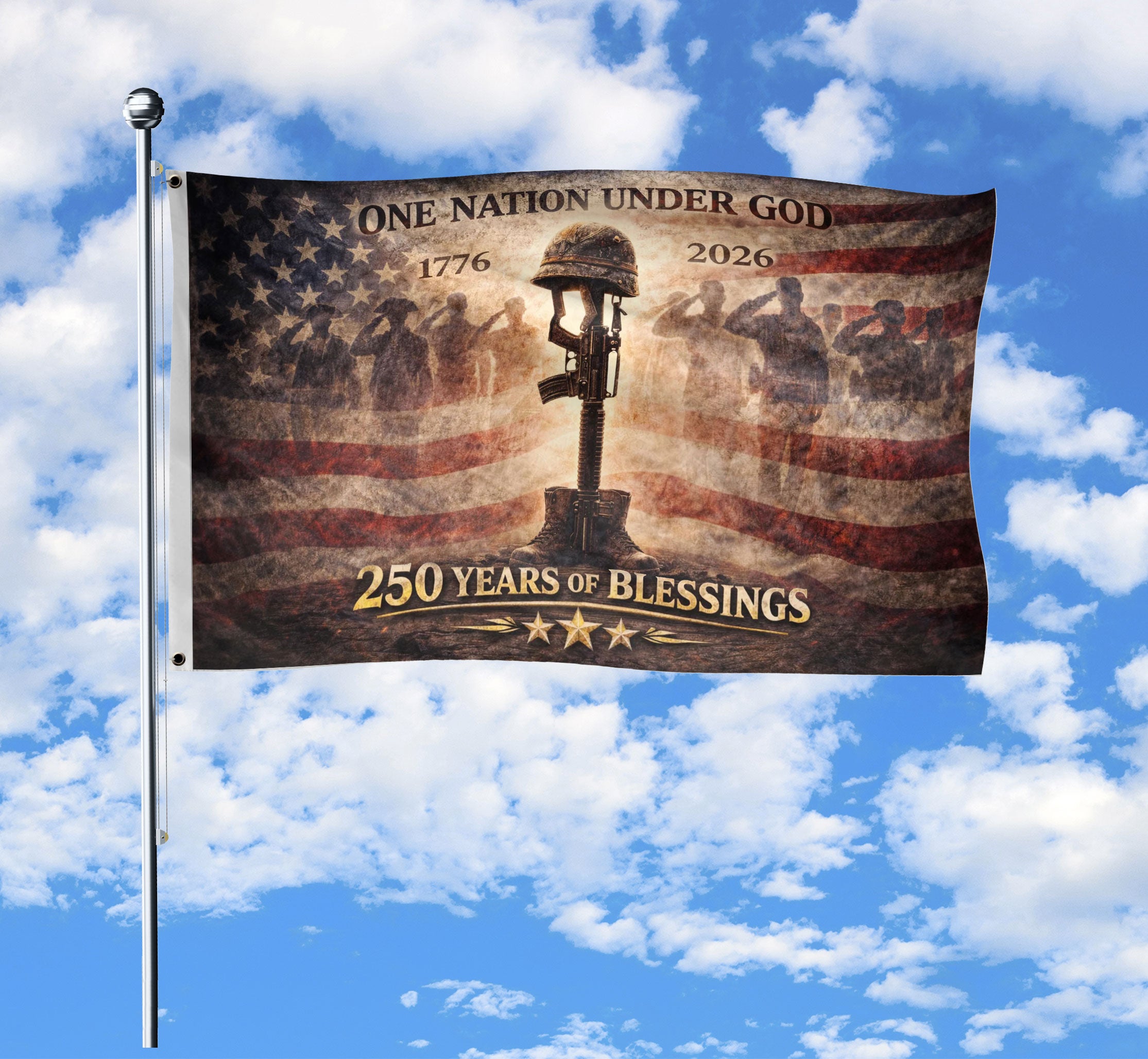 250 Years America Anniversary Military Flag, Double Sided House Banner - Fallen Soldier Battle Cross 1776-2026