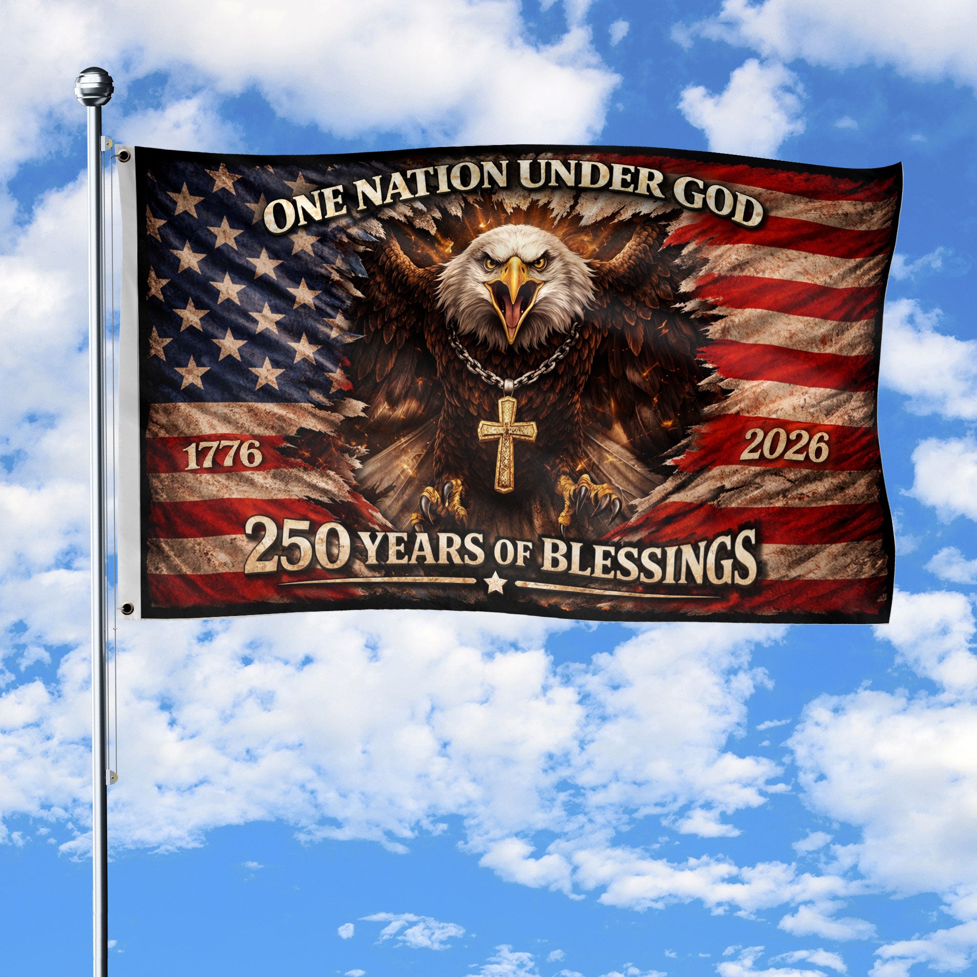 One Nation Under God 250th Anniversary Flag (1776–2026) – Bald Eagle and Cross Patriotic Christian Banner
