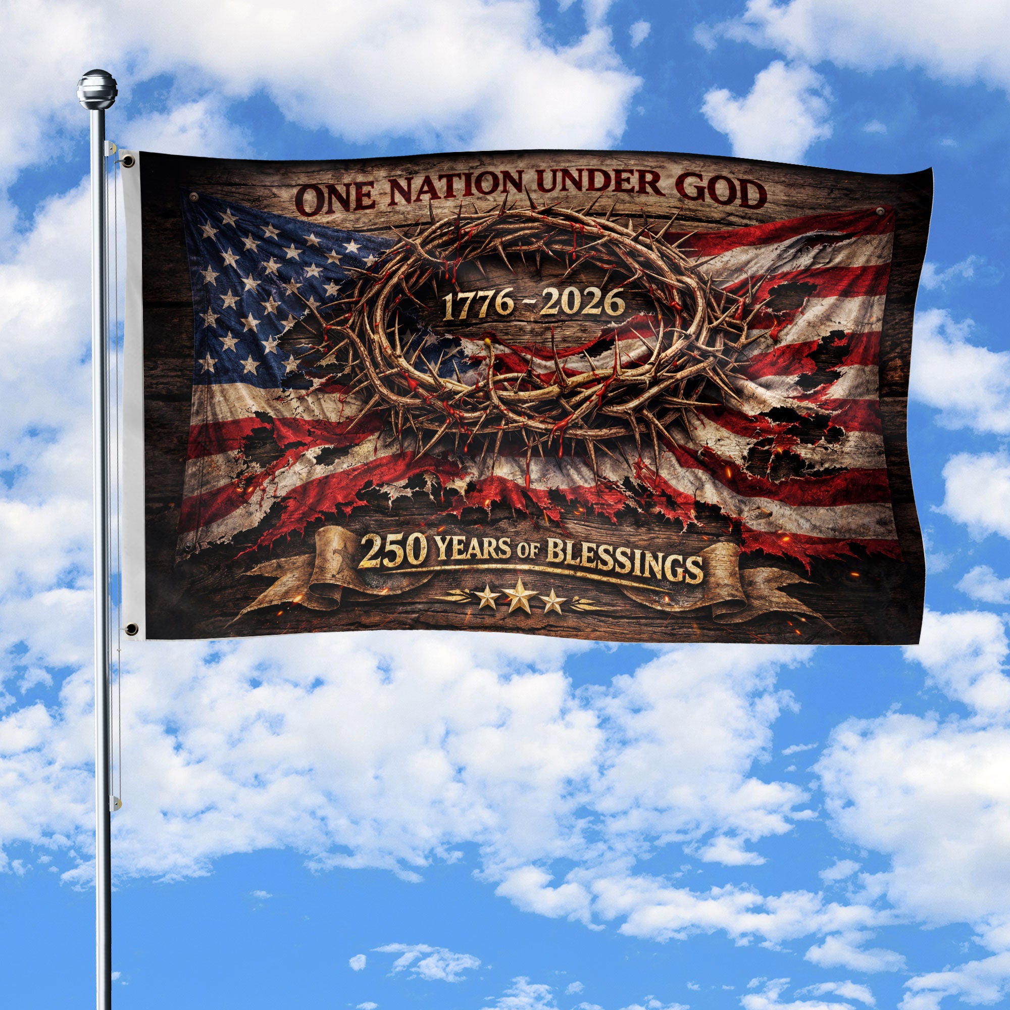 One Nation Under God 250 Years Flag (1776–2026) – Crown of Thorns Christian Patriotic Anniversary Banner