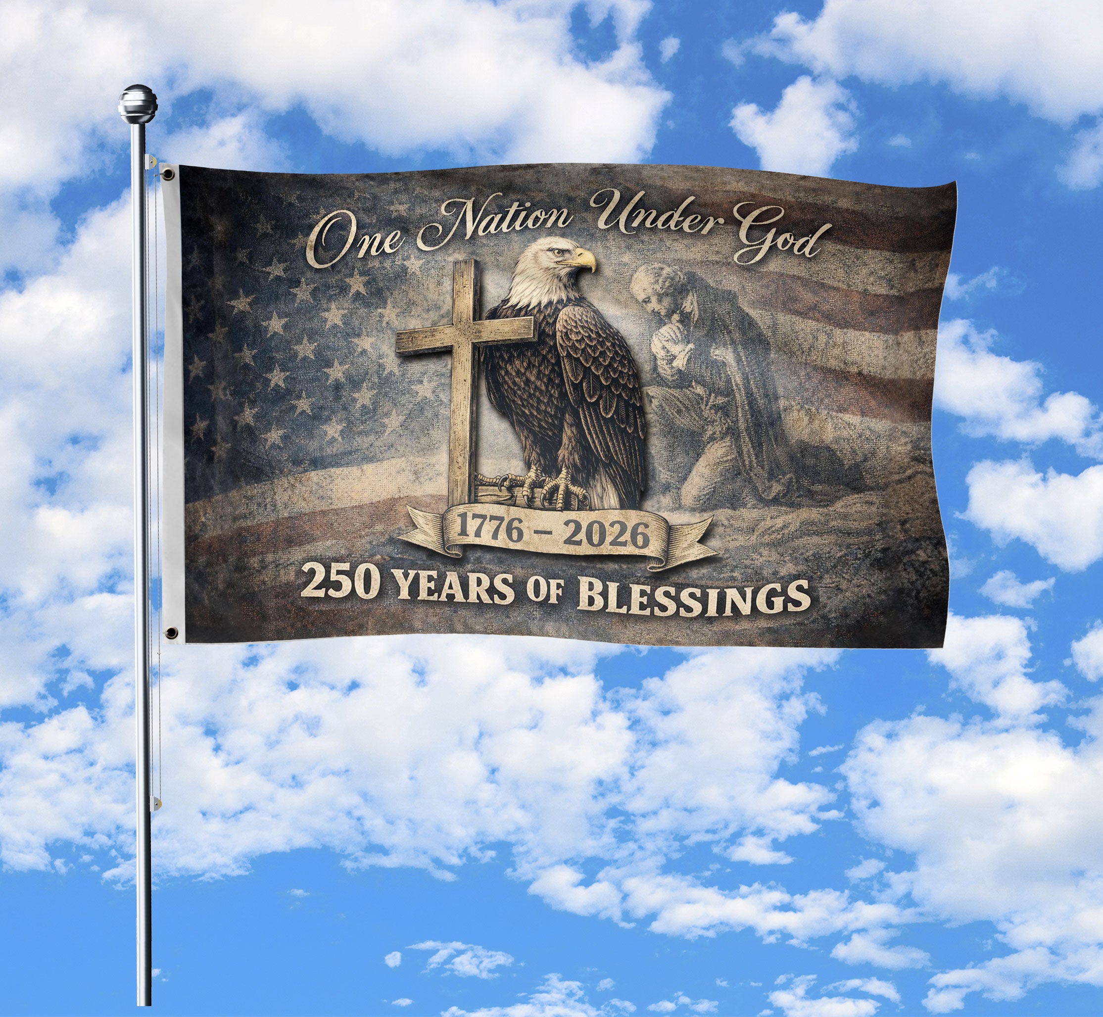 250th Anniversary Cross & Eagle, One Nation Under God 250 Years of Blessings USA Flag - Double Sided Premium House Flag