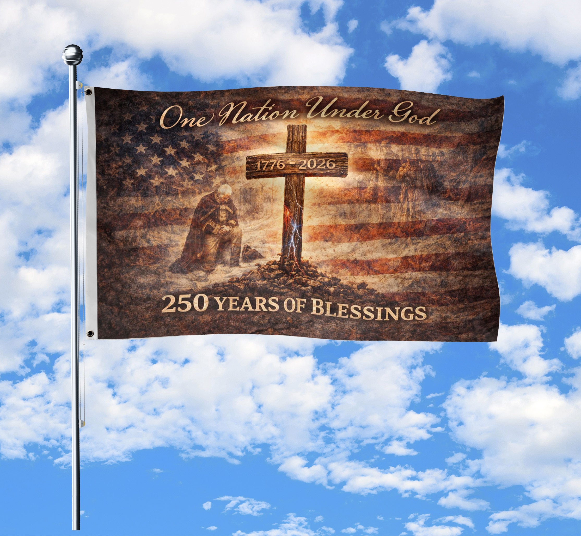 250 Years America Anniversary Flag, One Nation Under God 250 Years of Blessings Decor - Double Sided Faith & Patriotic House Banner