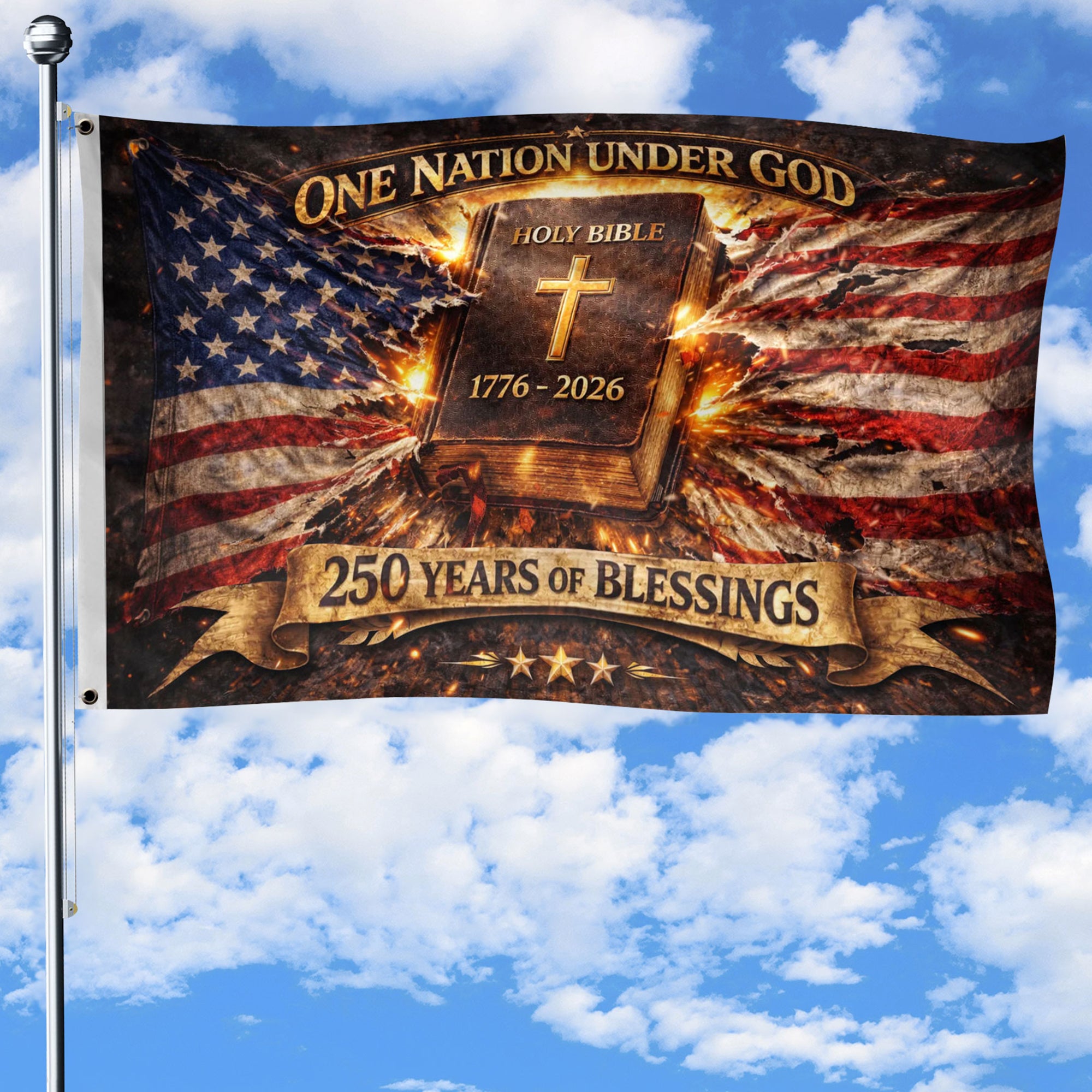 1776–2026 Christian Patriotic House Flag, One Nation Under God, USA 250th Anniversary 3x5ft