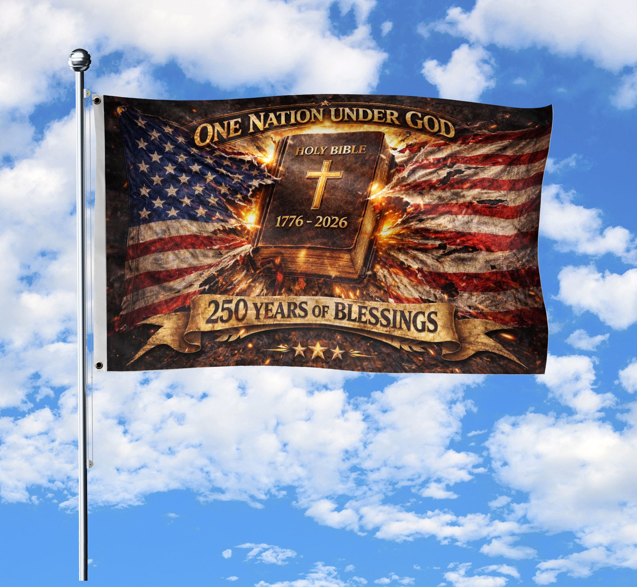 1776-2026 One Nation Under God 250th Anniversary Flag, 250 Years of Blessings & Holy Bible America - Double Sided Christian USA House Flag
