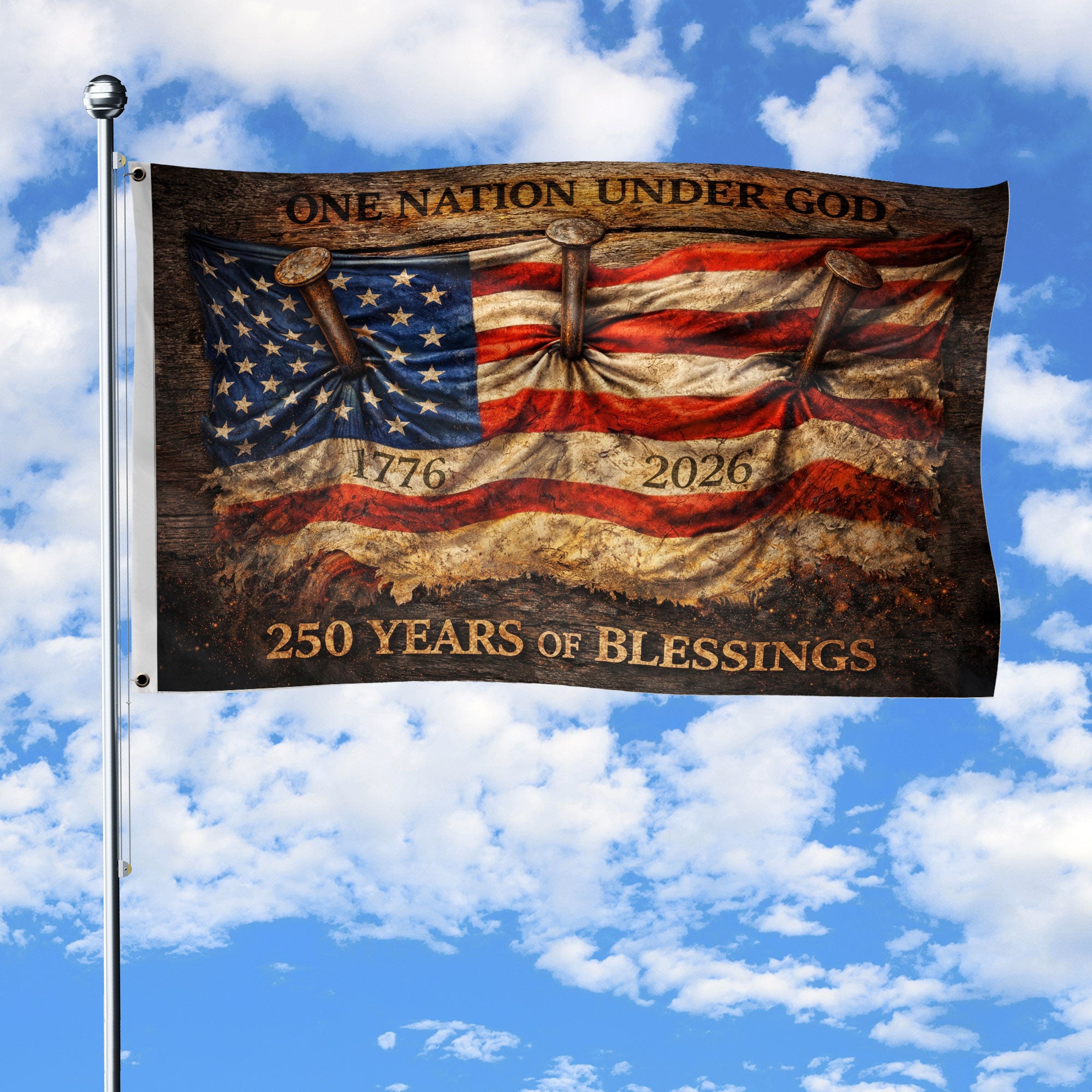 USA 250th Anniversary 1776-2026 Double-Sided House Flag – One Nation Under God Patriotic Nailed Cross House Banner