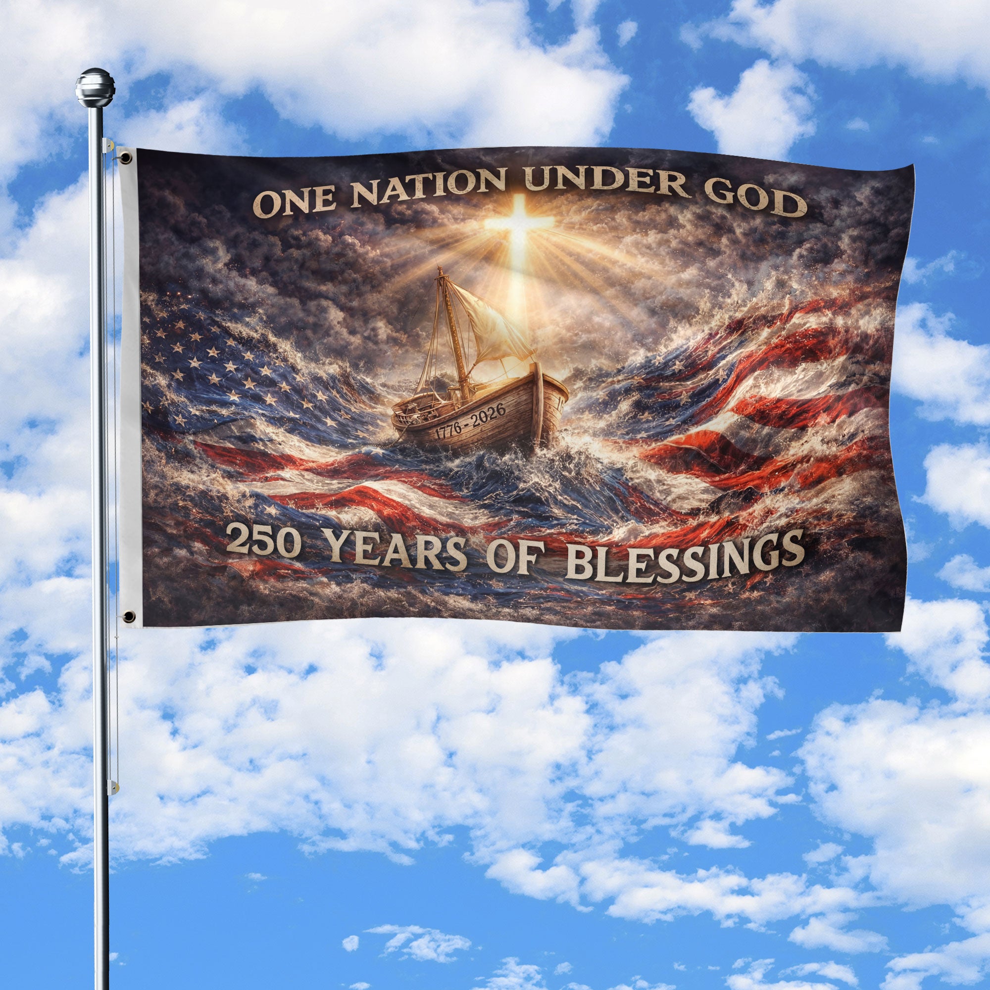 USA 250th Anniversary 1776-2026 Semiquincentennial Double-Sided House Flag – One Nation Under God Sailing Ship Patriotic Decor