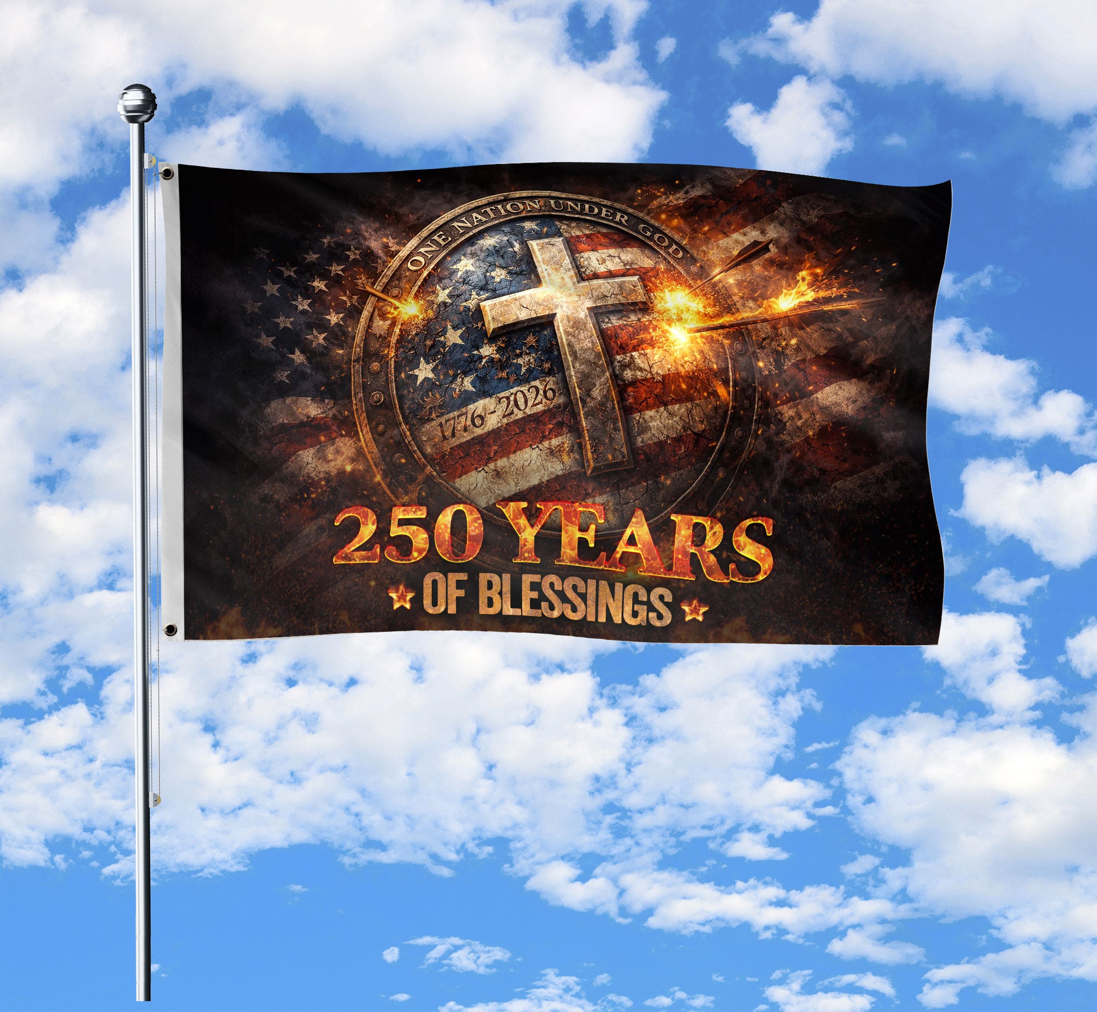 Christian 250 Years America Anniversary Flag - One Nation Under God 1776-2026, Double Sided Faith House Banner