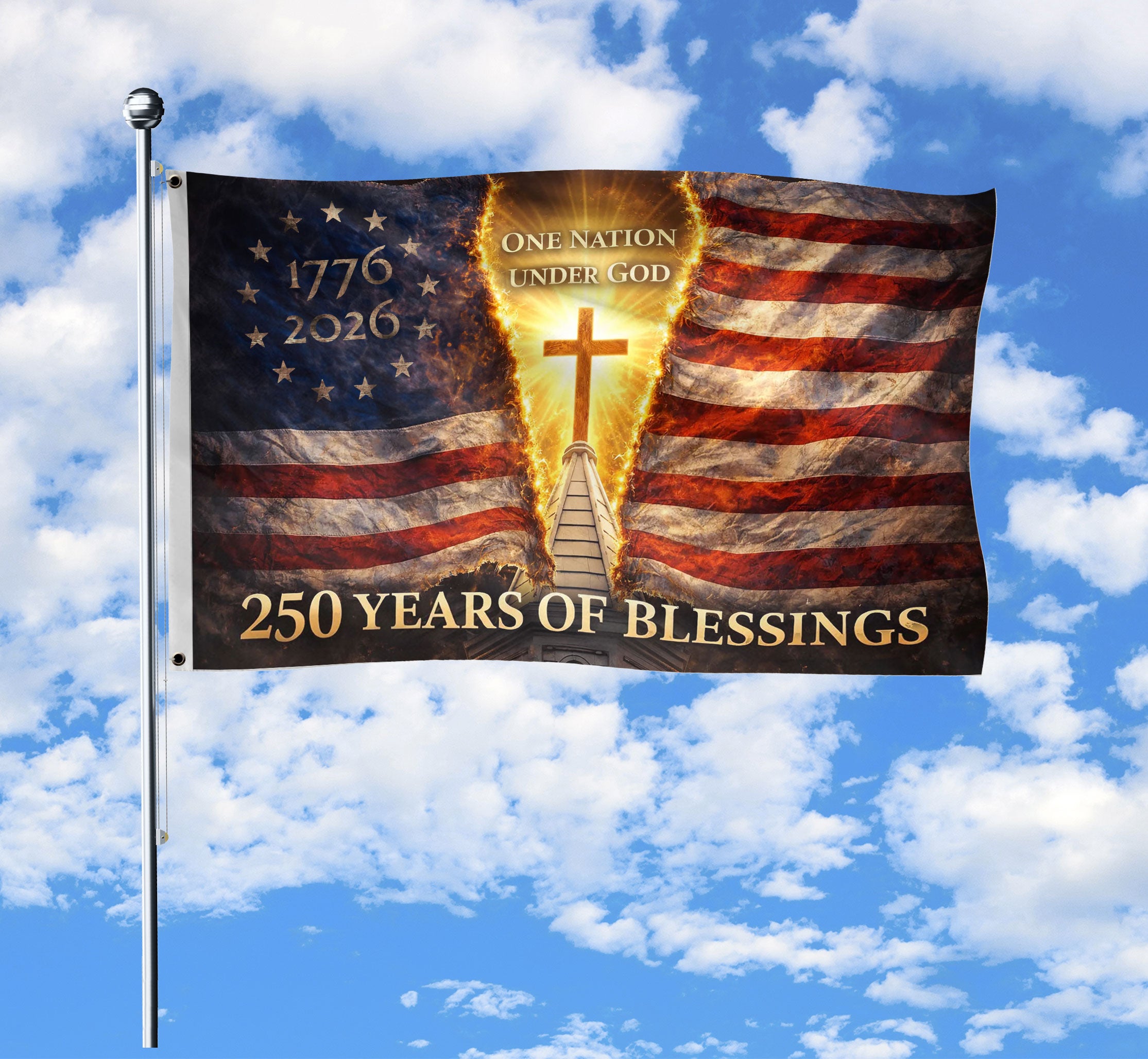 Flag 250 Years of Blessings 1776-2026 - One Nation Under God 250th Anniversary USA Christian Flag, Double Sided Premium House Flag