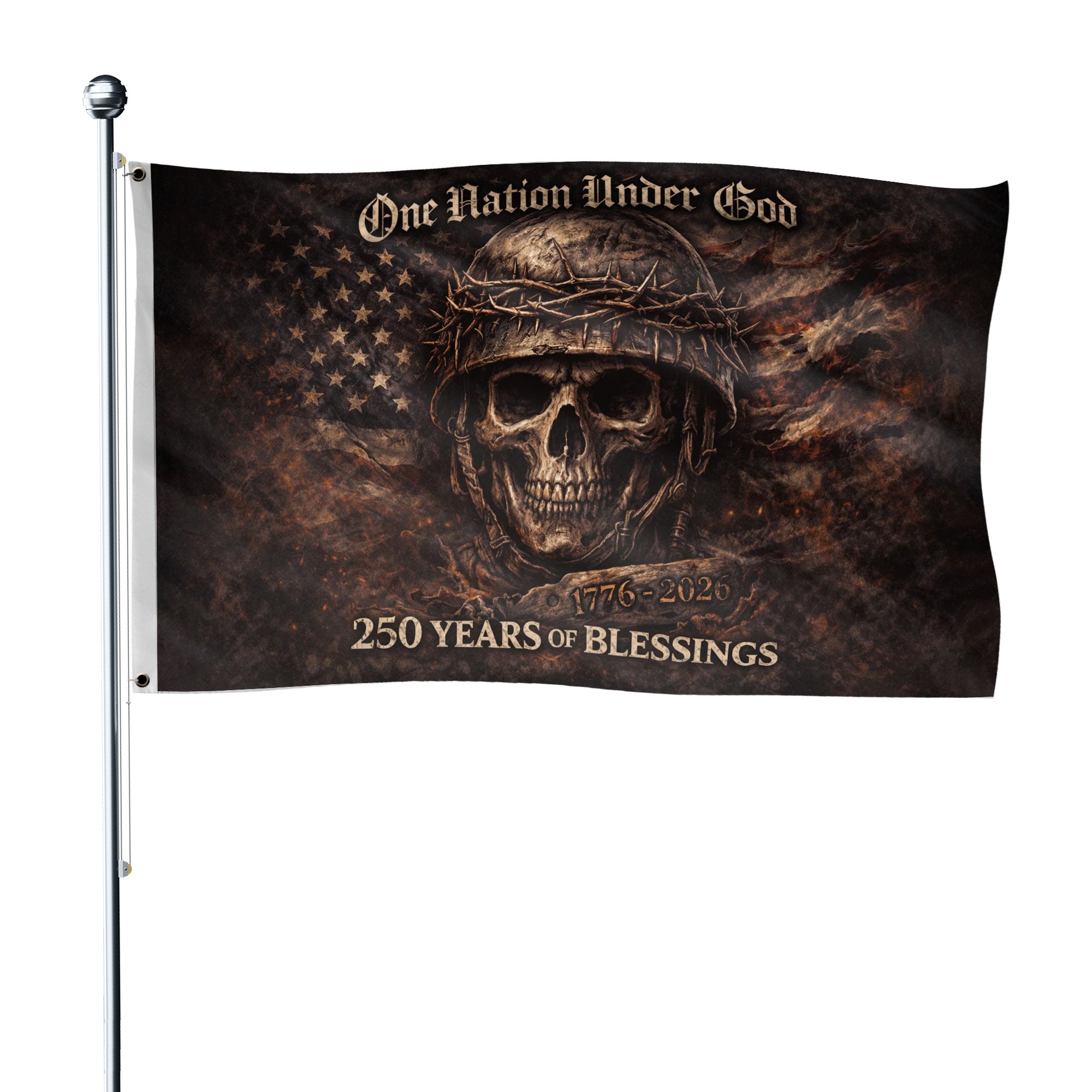 USA 250th Anniversary 1776-2026 Semiquincentennial Commemorative Flag – One Nation Under God Skull Design Patriotic Flag