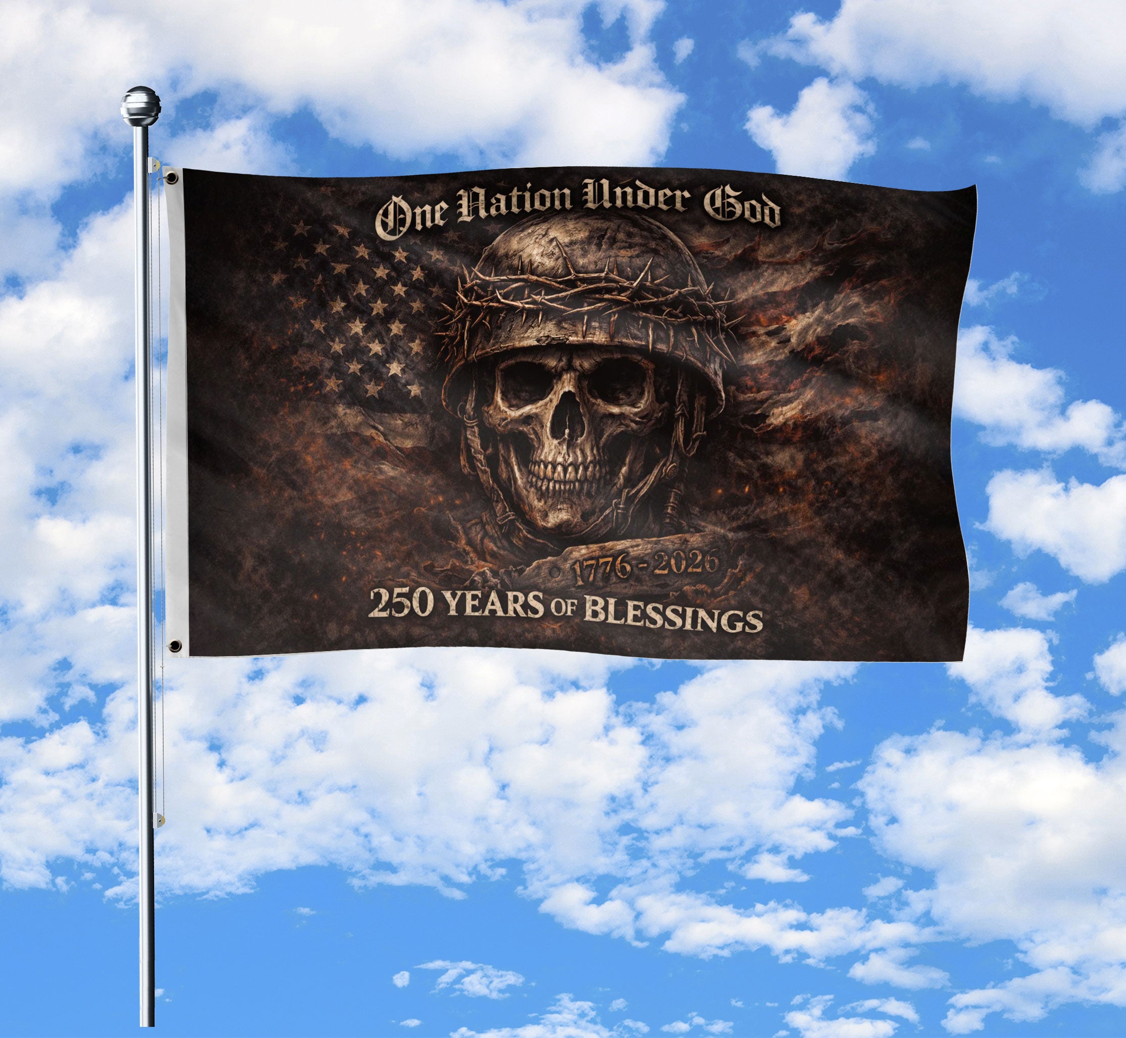 USA 250th Anniversary Flag 1776-2026 – One Nation Under God Skull Design 250 Years Patriotic House Banner
