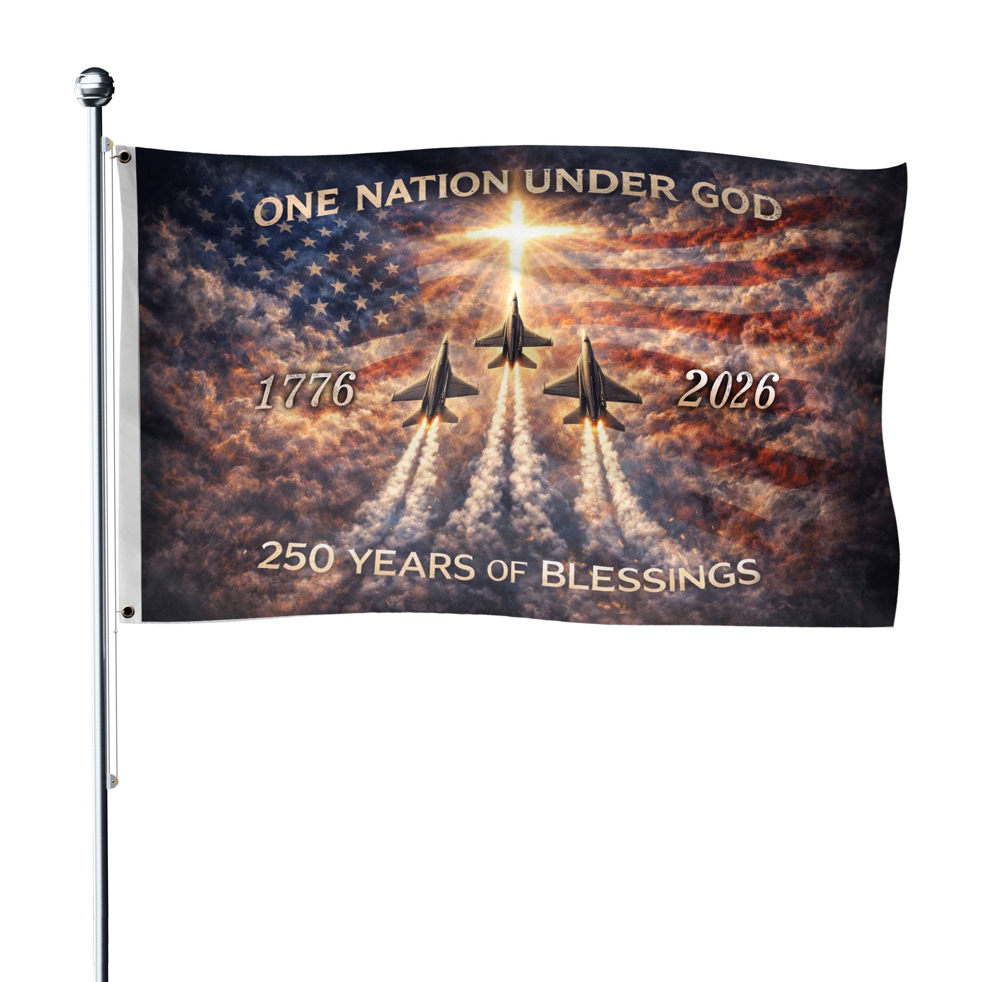 America 250th Anniversary 1776-2026 Semiquincentennial Flag – One Nation Under God Fighter Jets Cross Double Sided Heavy Banner