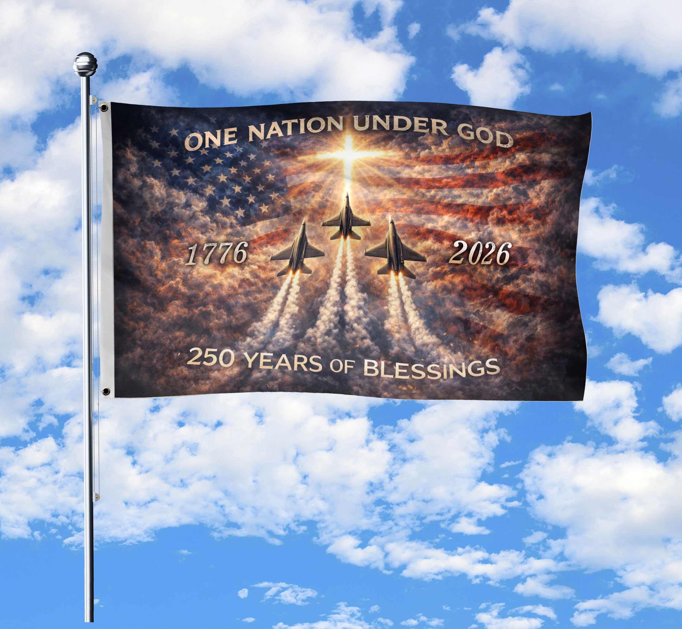 America 250th Anniversary Flag 1776-2026 – One Nation Under God Fighter Jets Cross Double Sided Heavy Banner