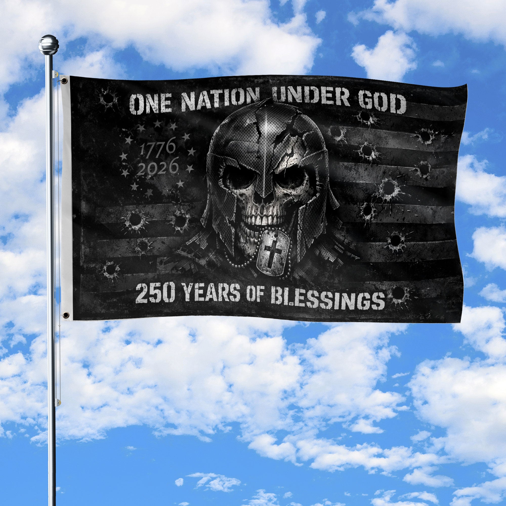 USA 250th Anniversary Tactical Flag 1776-2026 – One Nation Under God Skull Patriotic 250 Years Banner