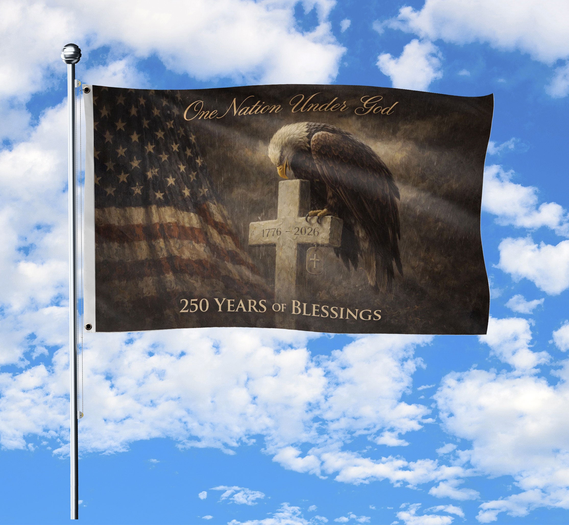 USA 250th Anniversary 1776-2026 Double Sided Flag – 250 Years of Blessings Bald Eagle Cross Patriotic Christian Decor