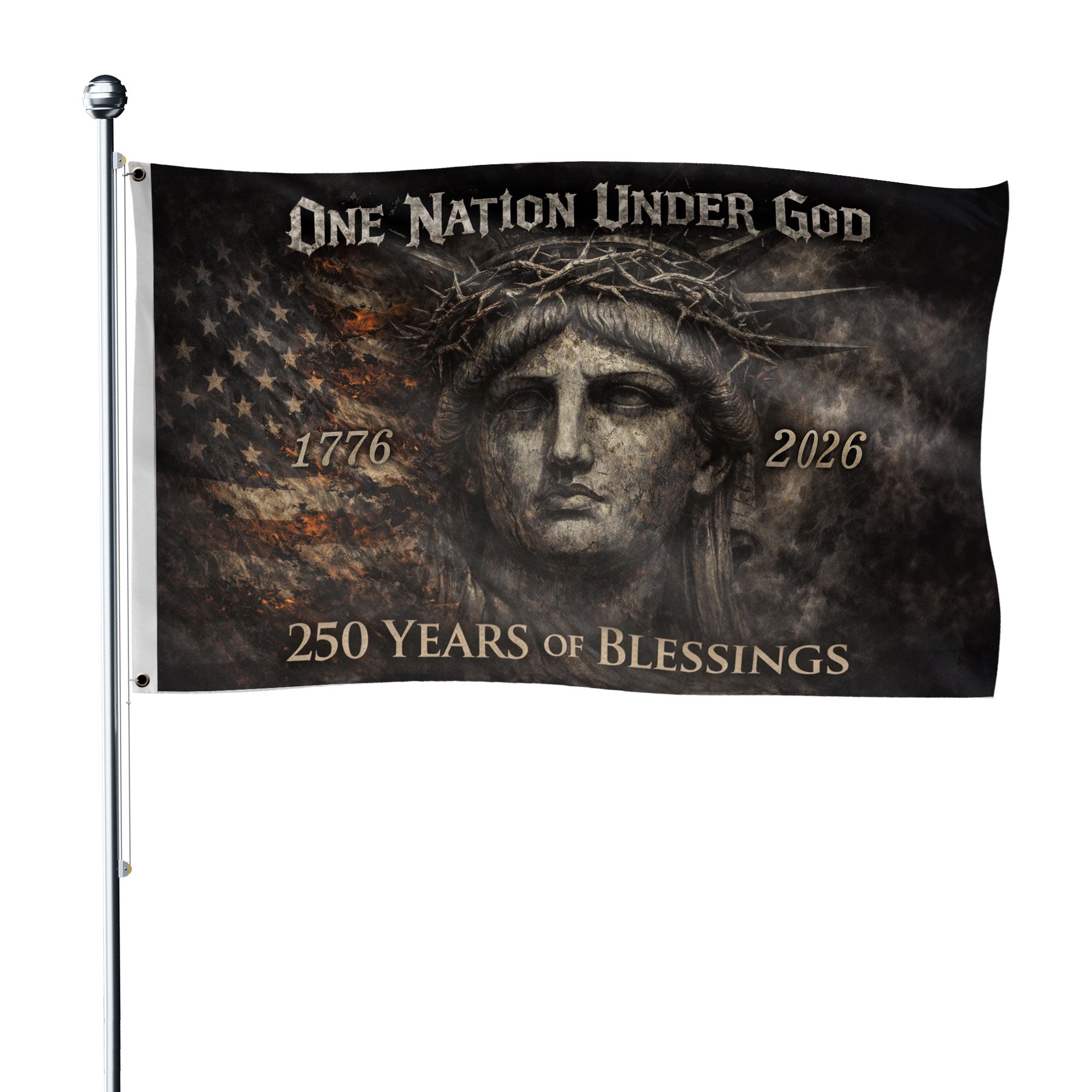 USA 250th Anniversary 1776-2026 Double Sided Flag – Lady Liberty Crown of Thorns One Nation Under God Patriotic Banner