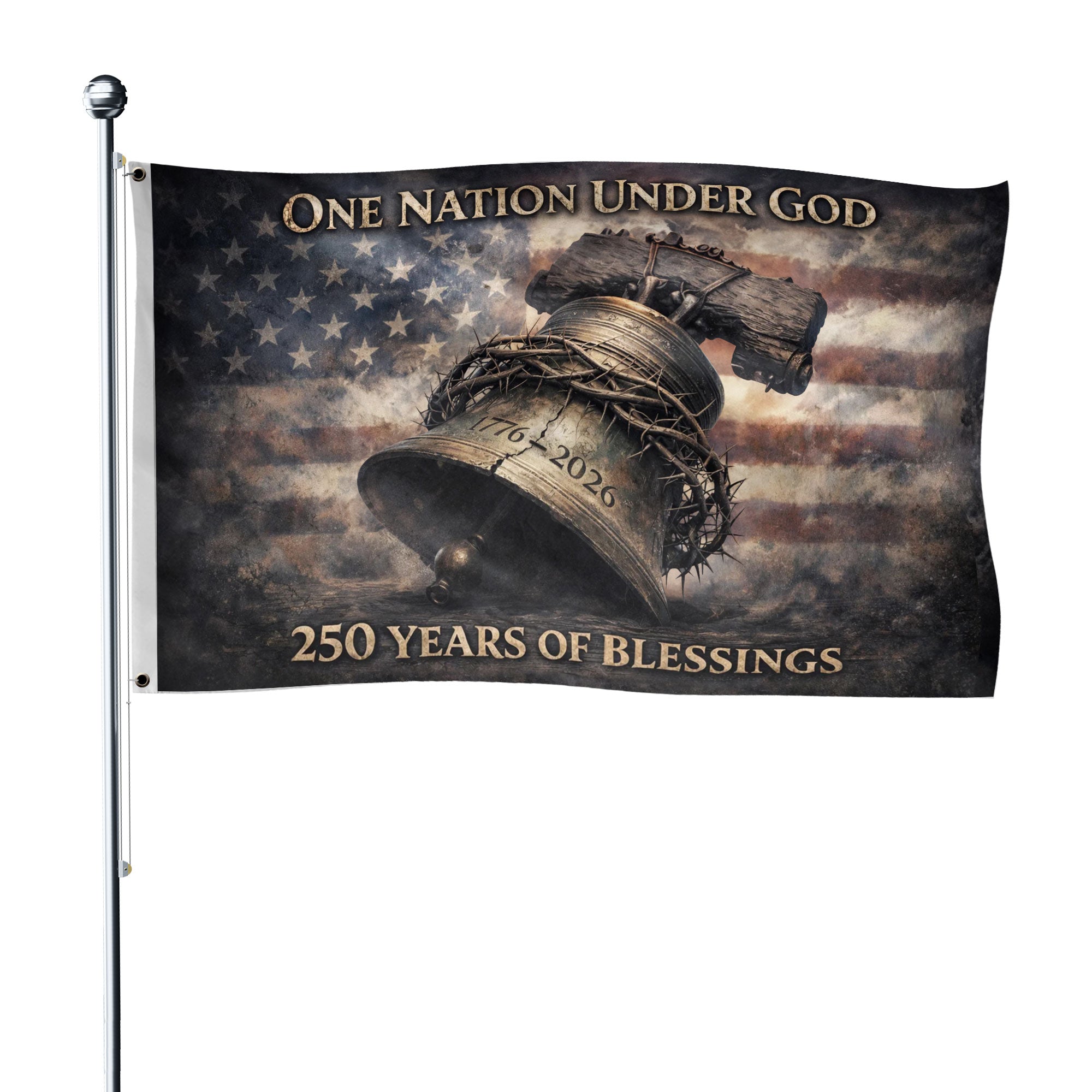 USA 250th Anniversary 1776-2026 Double Sided Flag – Liberty Bell Crown of Thorns One Nation Under God Patriotic Banner