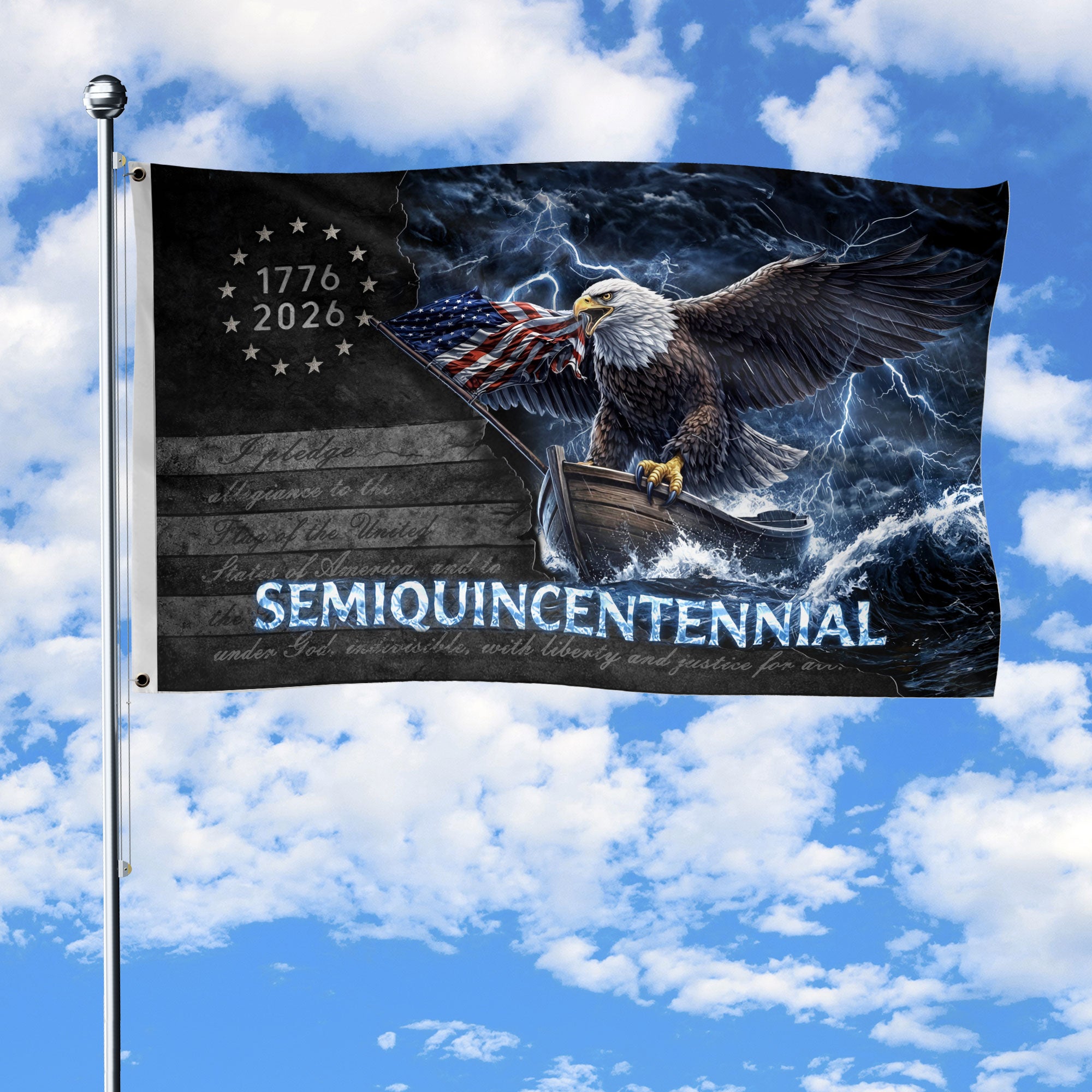 America 250th Anniversary Flag 1776-2026 Semiquincentennial – Bald Eagle & Lightning Boat Bootleg Design USA Double Sided House Flag
