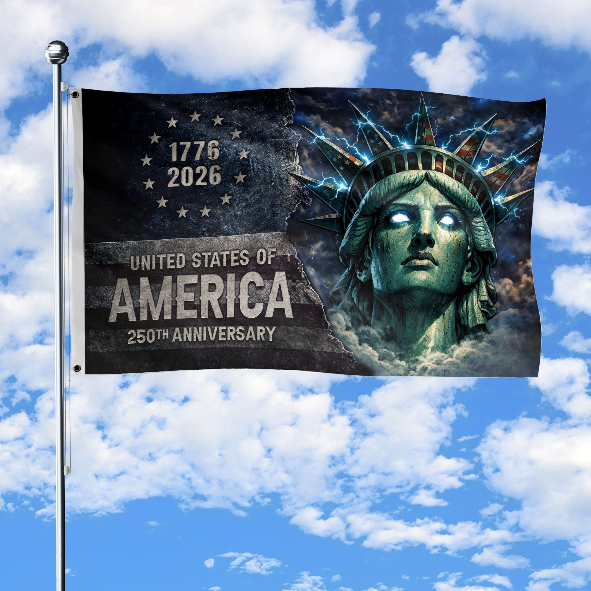 America 250th Anniversary Flag 1776-2026 Semiquincentennial – Statue of Liberty Lightning Streetwear Design USA Double Sided House Flag